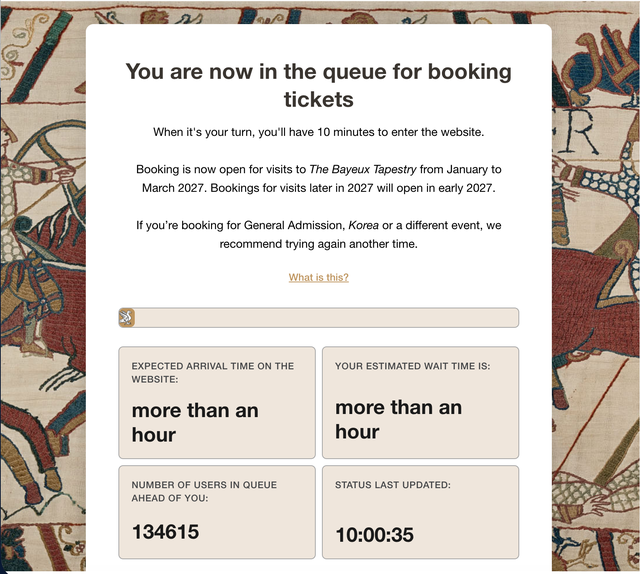 Those hoping to see the tapestry are currently faced with a long queue to access the 10 minute ticket window.