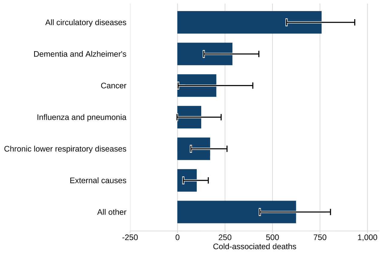 The UKHSA said circulatory diseases caused the highest number of deaths linked to the cold weather, with an estimated 757 deaths associated with these conditions.