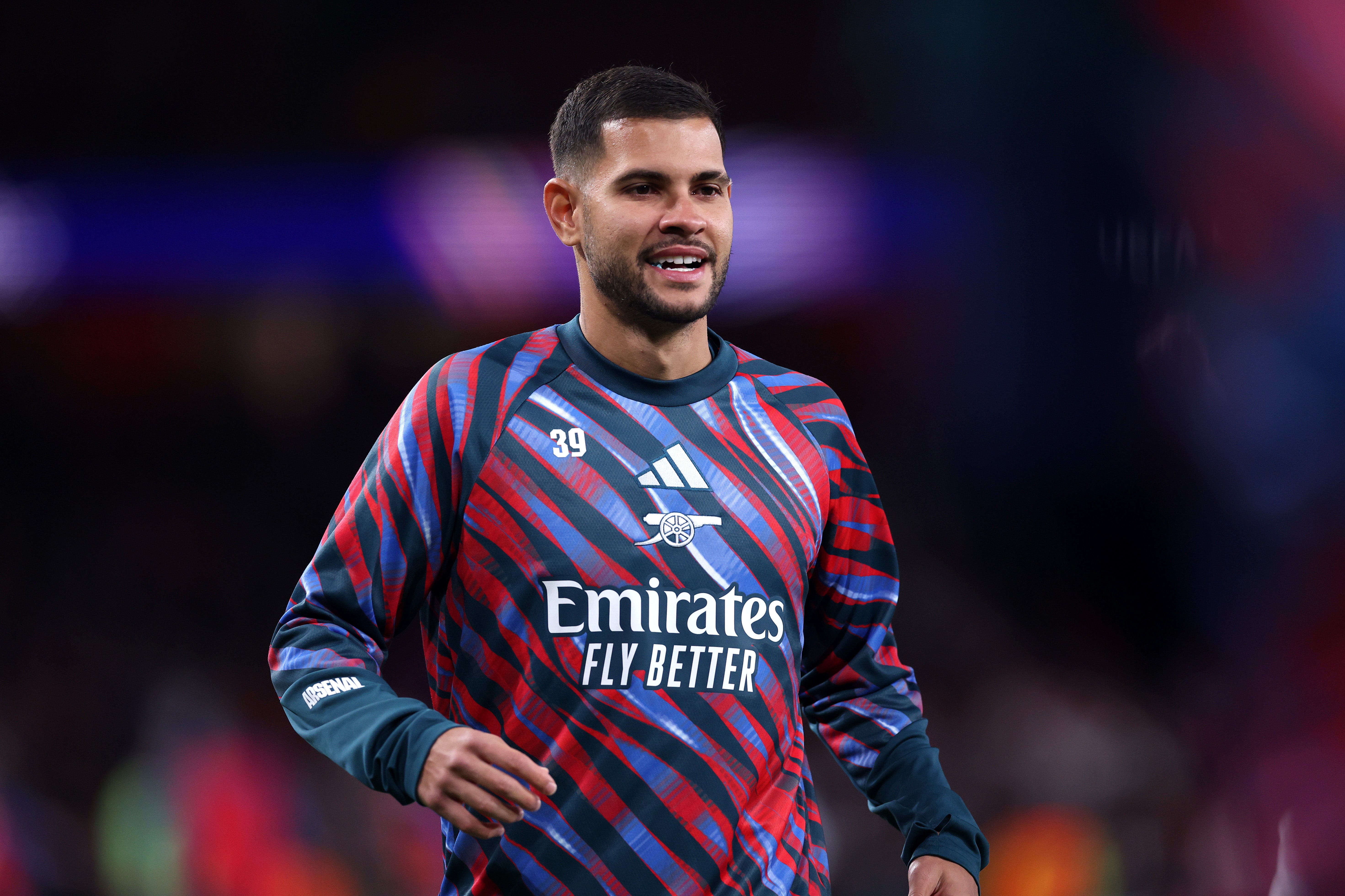 Bruno Guimaraes of Arsenal warms up in Lille