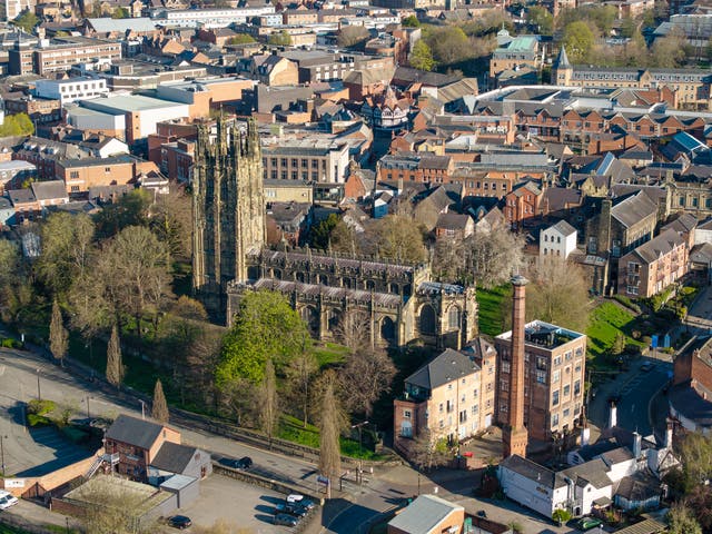 A view of Wrexham city centre dominated by the iconic St Giles' Church tower.