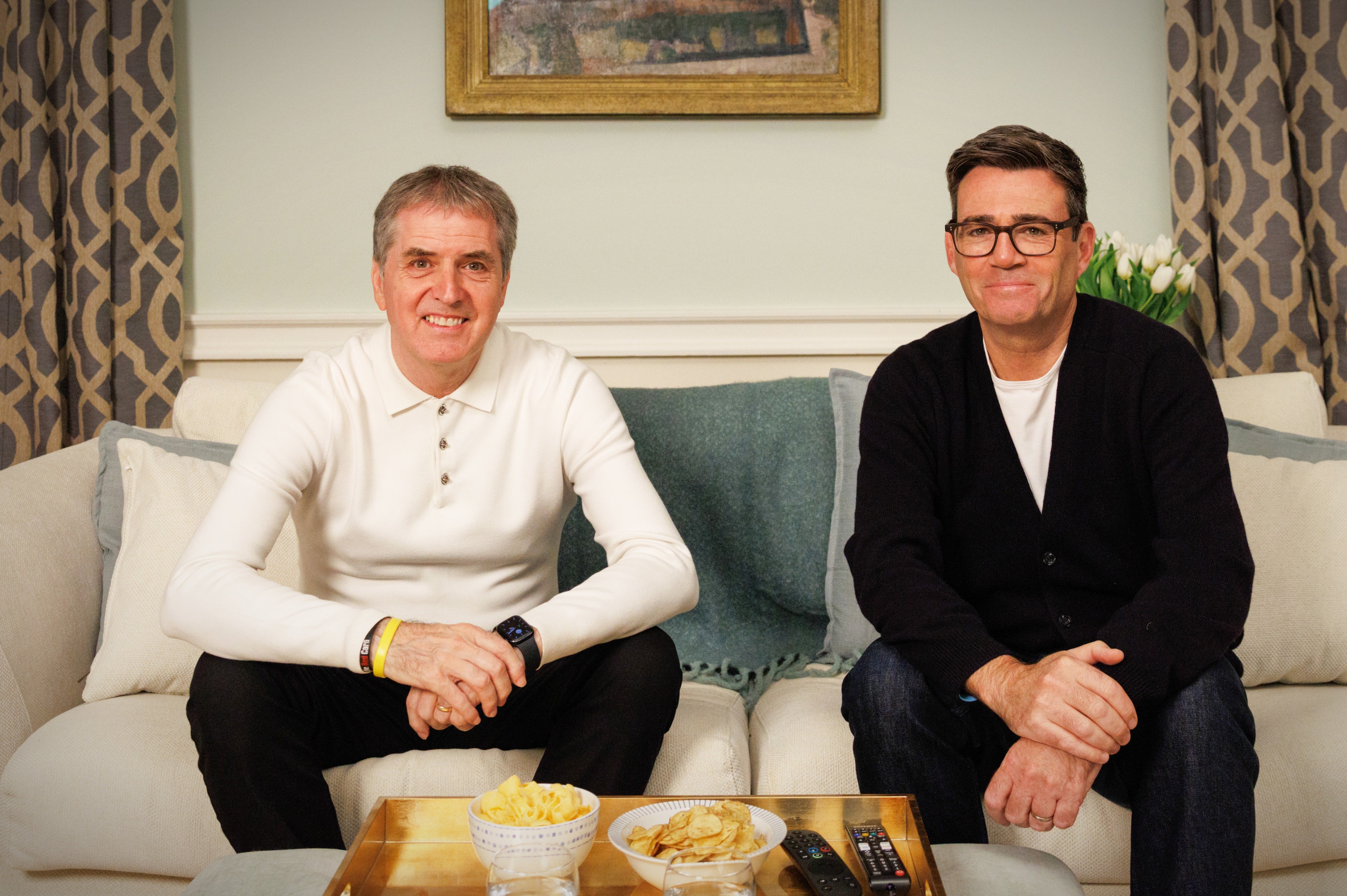 Prime Minister Andy Burnham and Liverpool Mayor Steve Rotherham record a celebrity Stand up to Cancer special Gogglebox episode in 10 Downing Street.