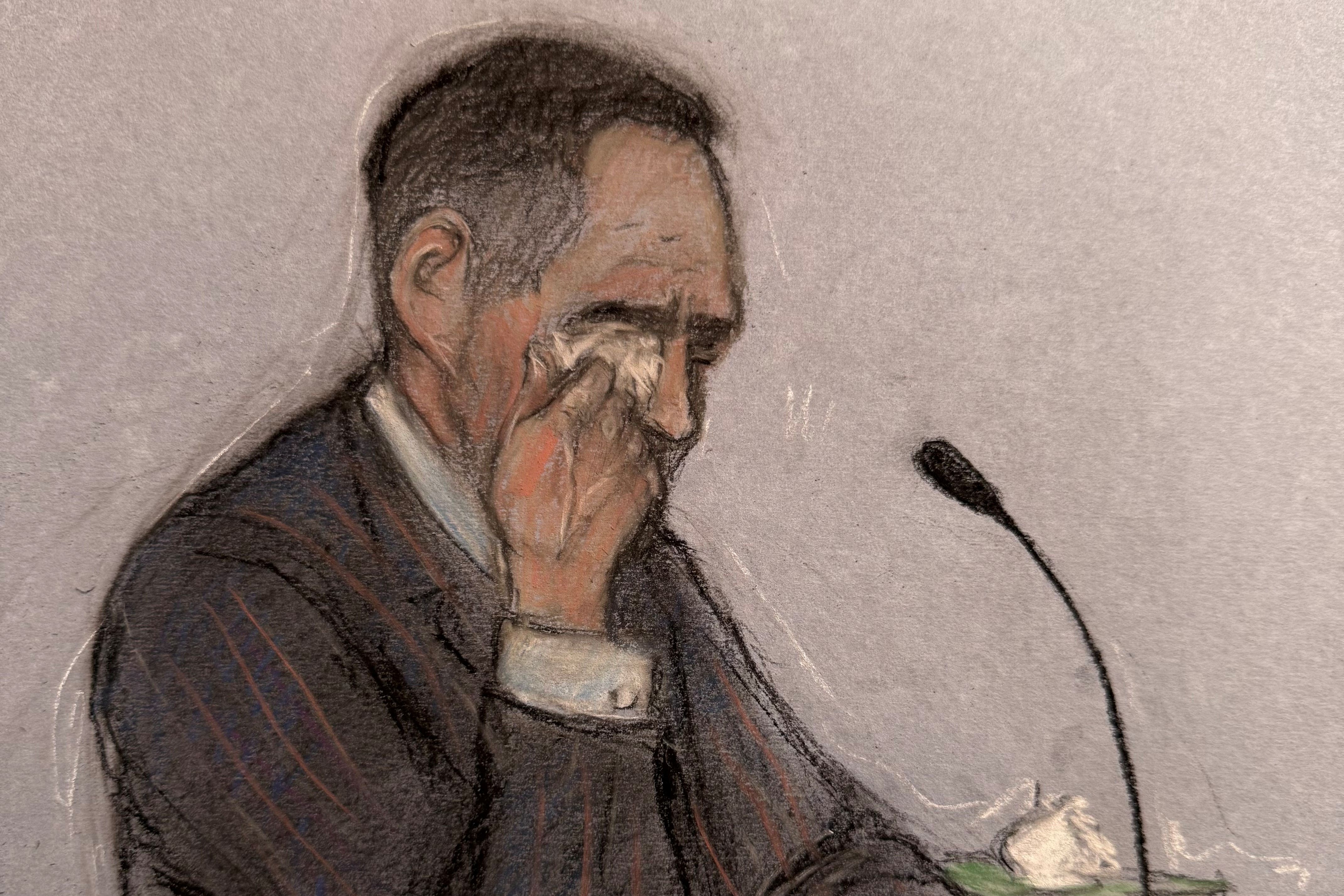 Court artist sketch showing Tommy Robinson breaking down in tears while giving evidence at Southwark Crown Court