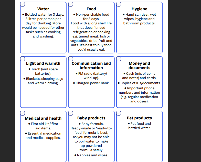 The official checklist advises people to stock up on enough water and food for three days