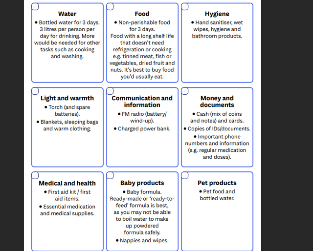 The official checklist advises people to stock up on enough water and food for three days