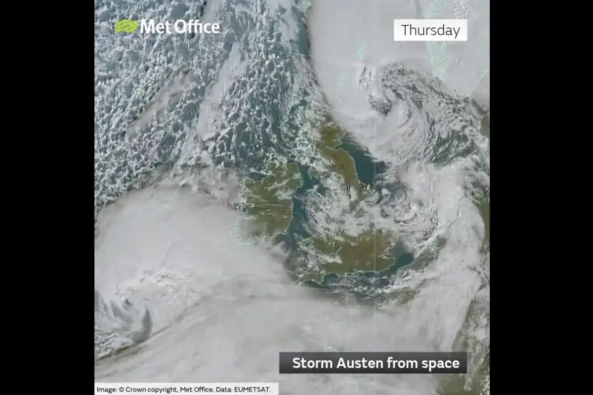 Satellite image shows Storm Austen sweeping towards UK as Met Office issues ‘danger to life’ warning