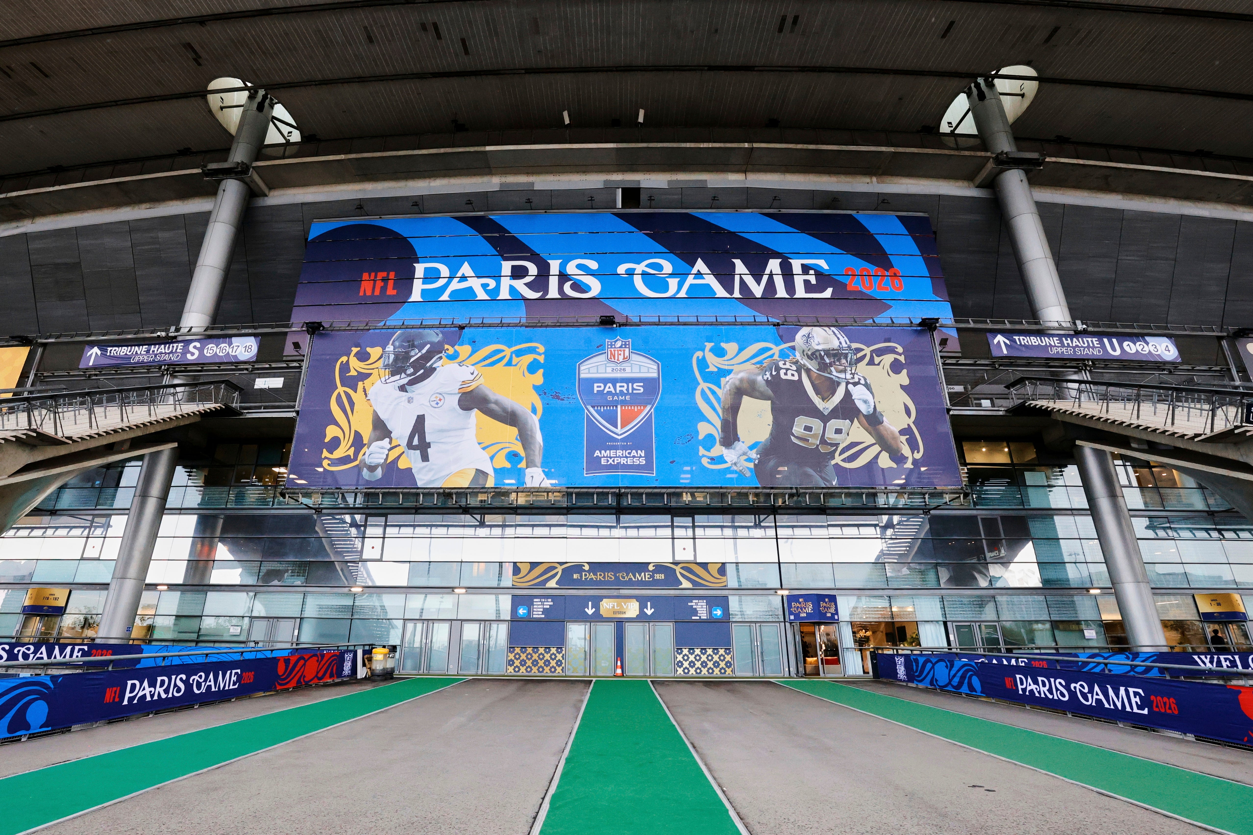 An exterior view of the Stade de France with NFL branding on Thursday, Oct. 22, 2026, in Saint-Denis, north of Paris, ahead of Sunday's game between the Pittsburgh Steelers and the New Orleans Saints
