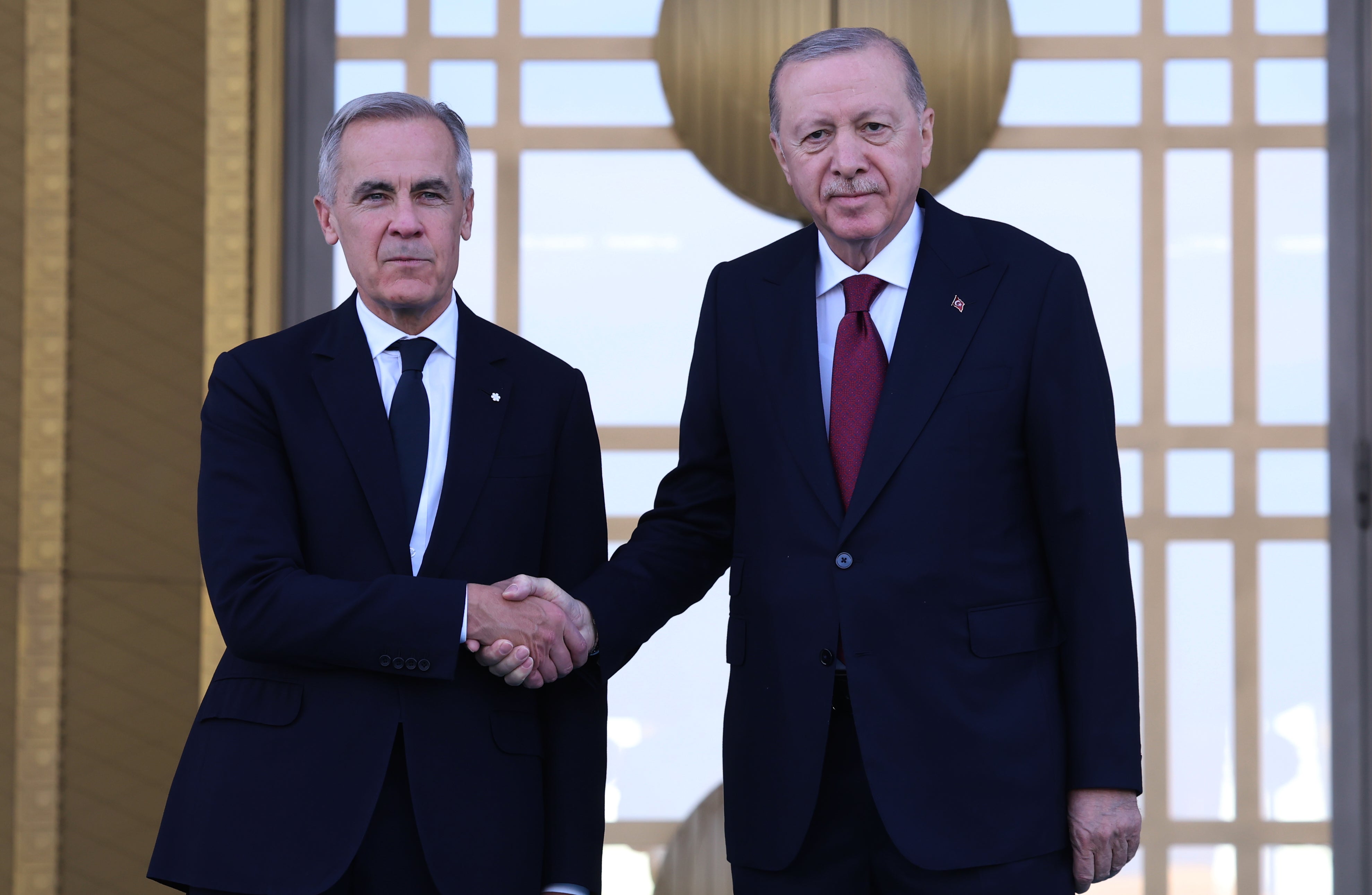 Turkish President Recep Tayyip Erdogan shakes hands with Canadian Prime Minister Mark Carney (AP)