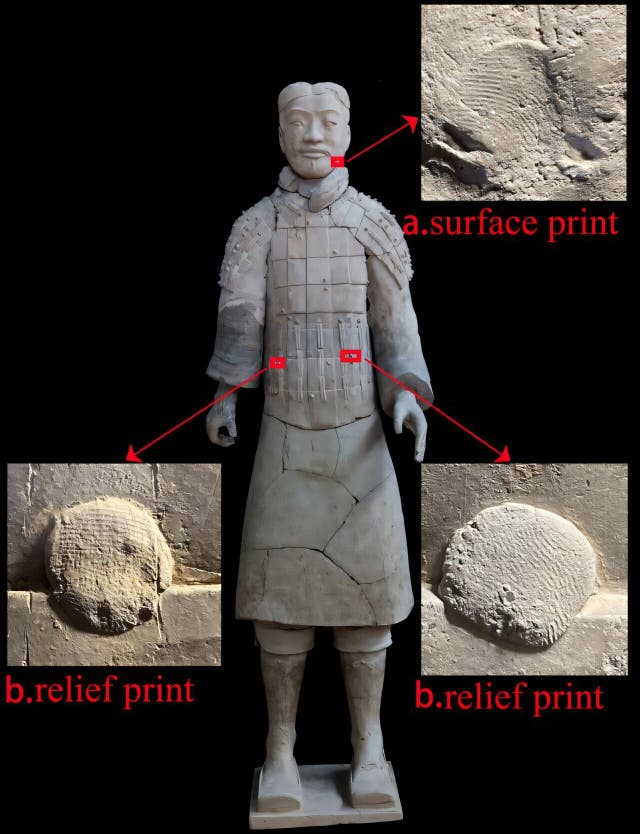 Fingerprints on terracotta figurine