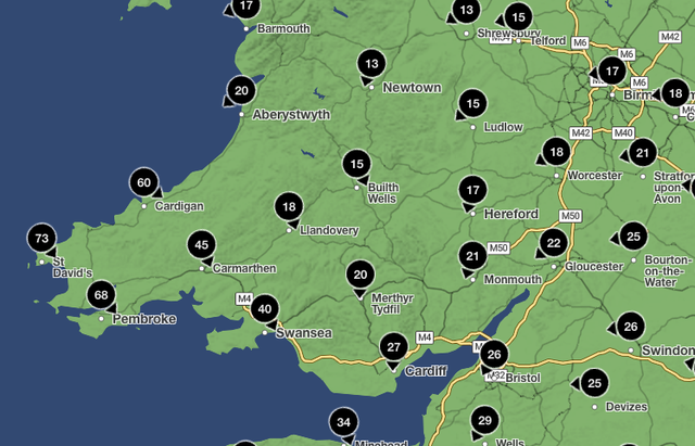 Parts of Wales could see winds reach 70mph at 6am on Friday