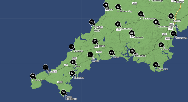 Winds are expected to reach 78mph in parts of Cornwall at 6am on Friday