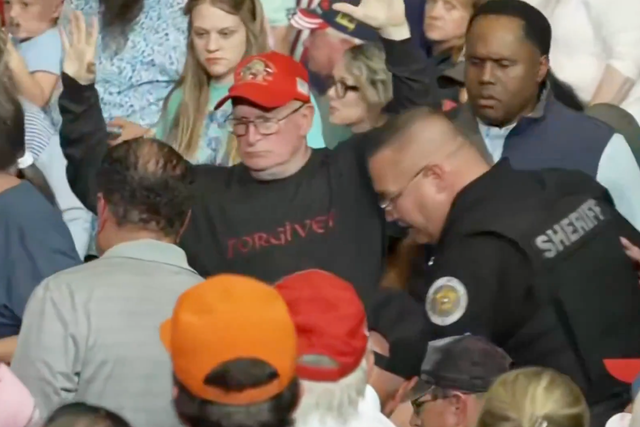 Police came to the aid of the protester struck during the melee and led him out of the venue for his own safety as Trump providing a gloating commentary from the stage