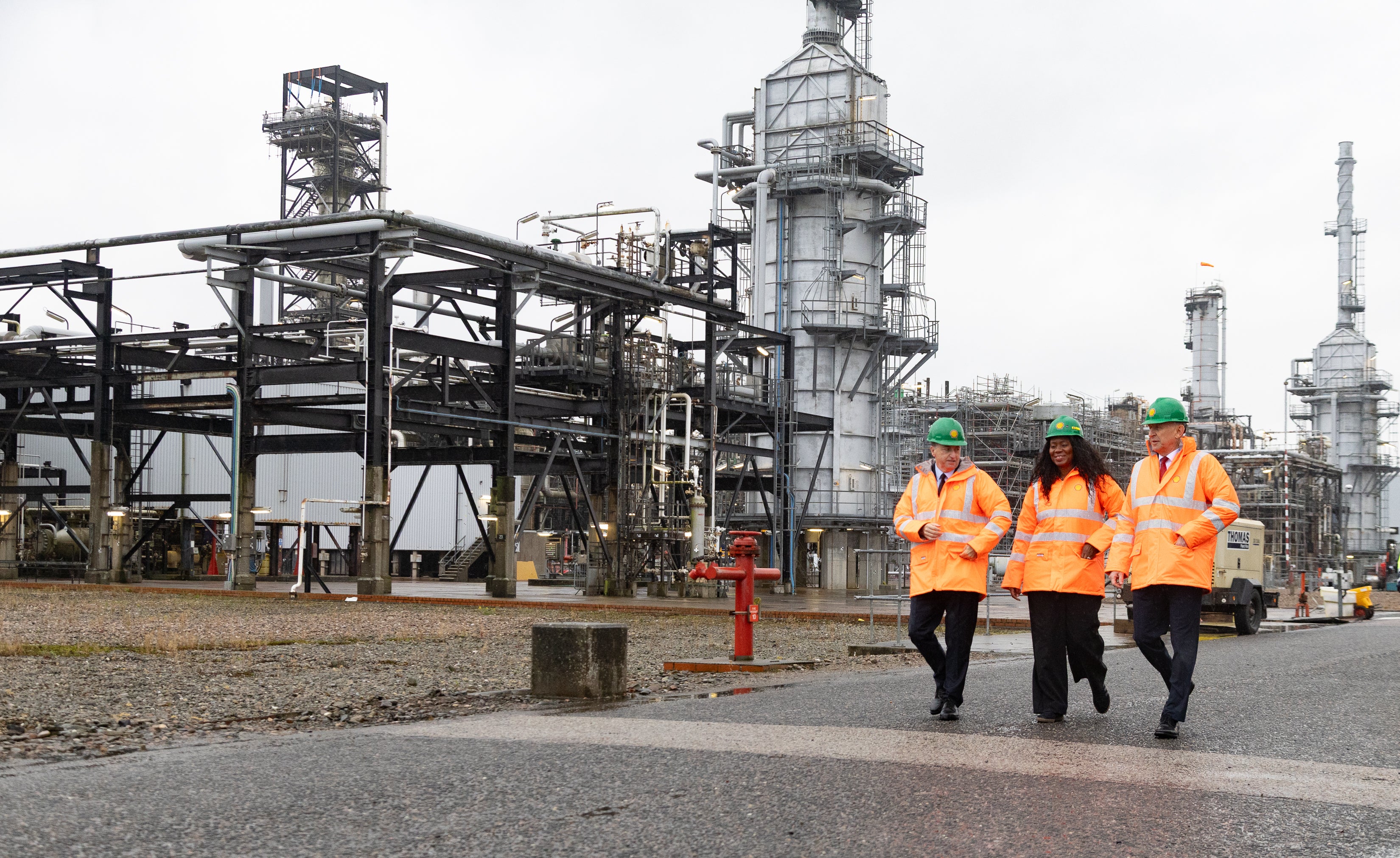 From left, Scottish Secretary Douglas Alexander, Energy Secretary Miatta Fahnbulleh and Chancellor John Healey during a visit to Shell UK’s St Fergus Gas Terminal in Peterhead, Aberdeenshire, following the announcement on the future of the Jackdaw gas field (PA)