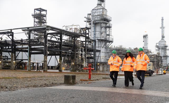 From left, Scottish Secretary Douglas Alexander, Energy Secretary Miatta Fahnbulleh and Chancellor John Healey during a visit to Shell UK’s St Fergus Gas Terminal in Peterhead, Aberdeenshire, following the announcement on the future of the Jackdaw gas field (PA)
