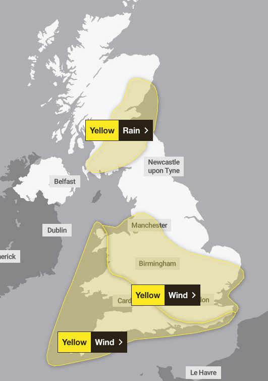 Two yellow warnings for wind and one for rain have been issued as storm Austen hits the UK