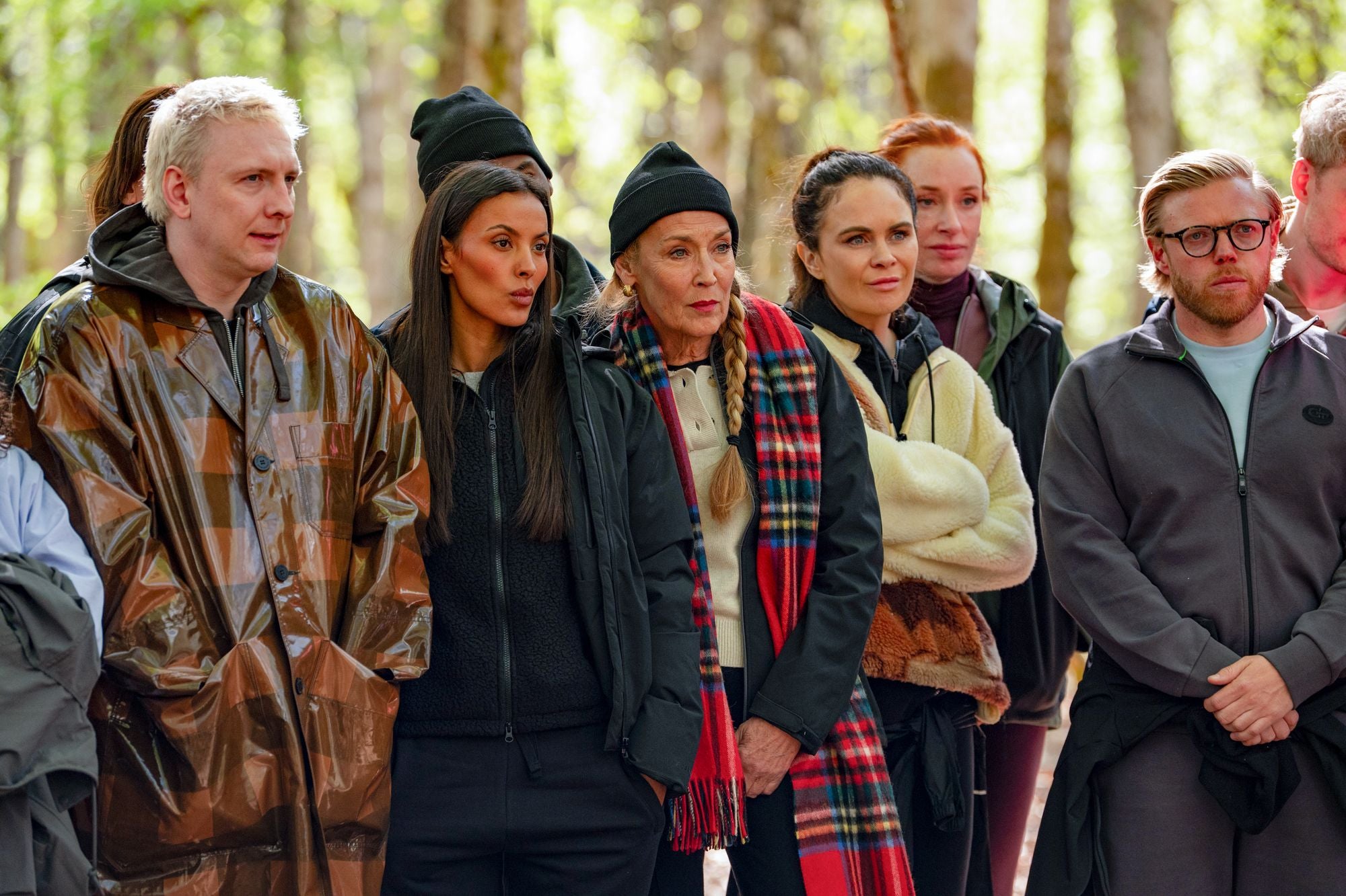 Joe Lycett, left, dons a checked jacket and Jerry Hall, centre, opts for Highland chic
