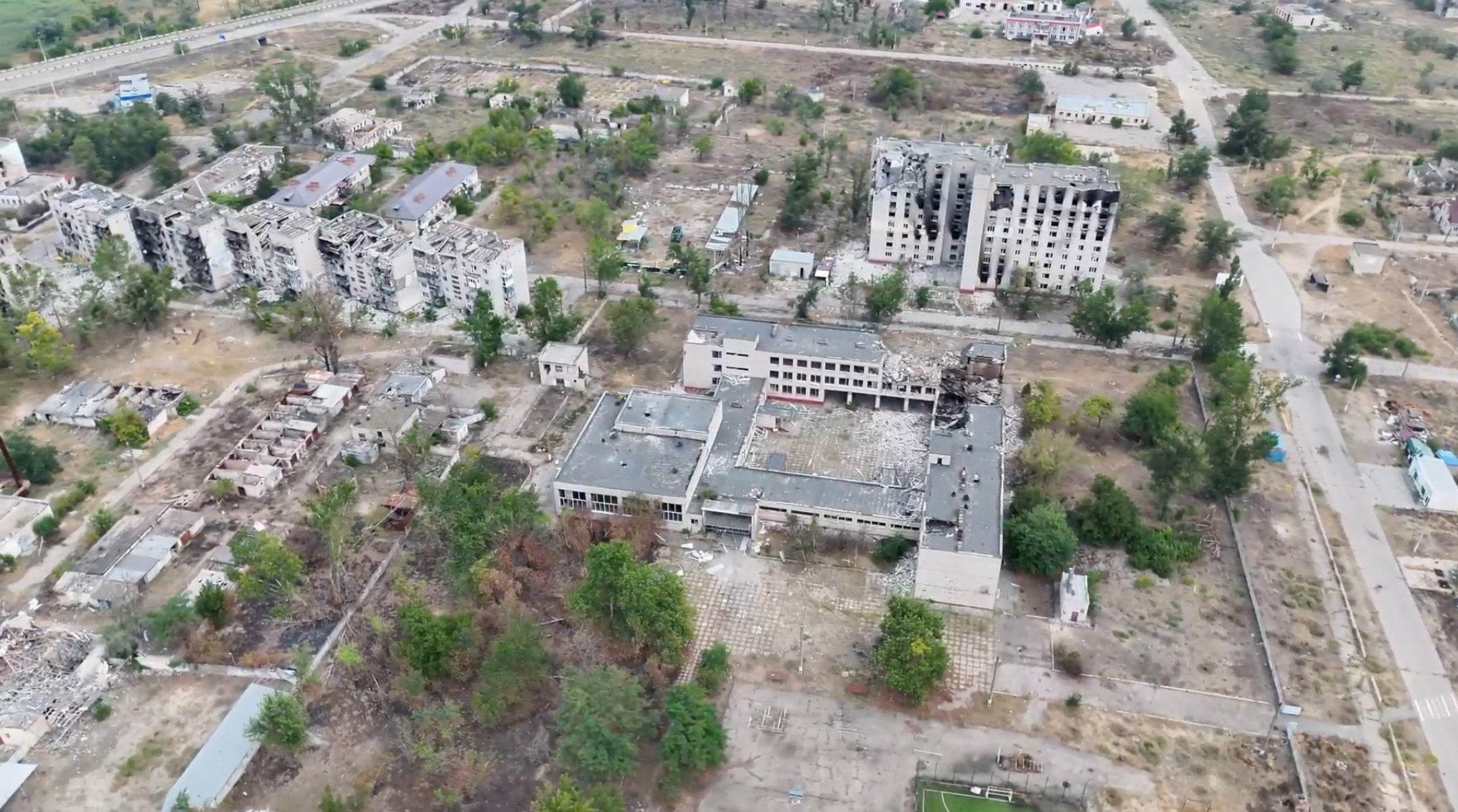 <p>Drone video released September 12, 2026 showing destroyed buildings in Oleshky</p>