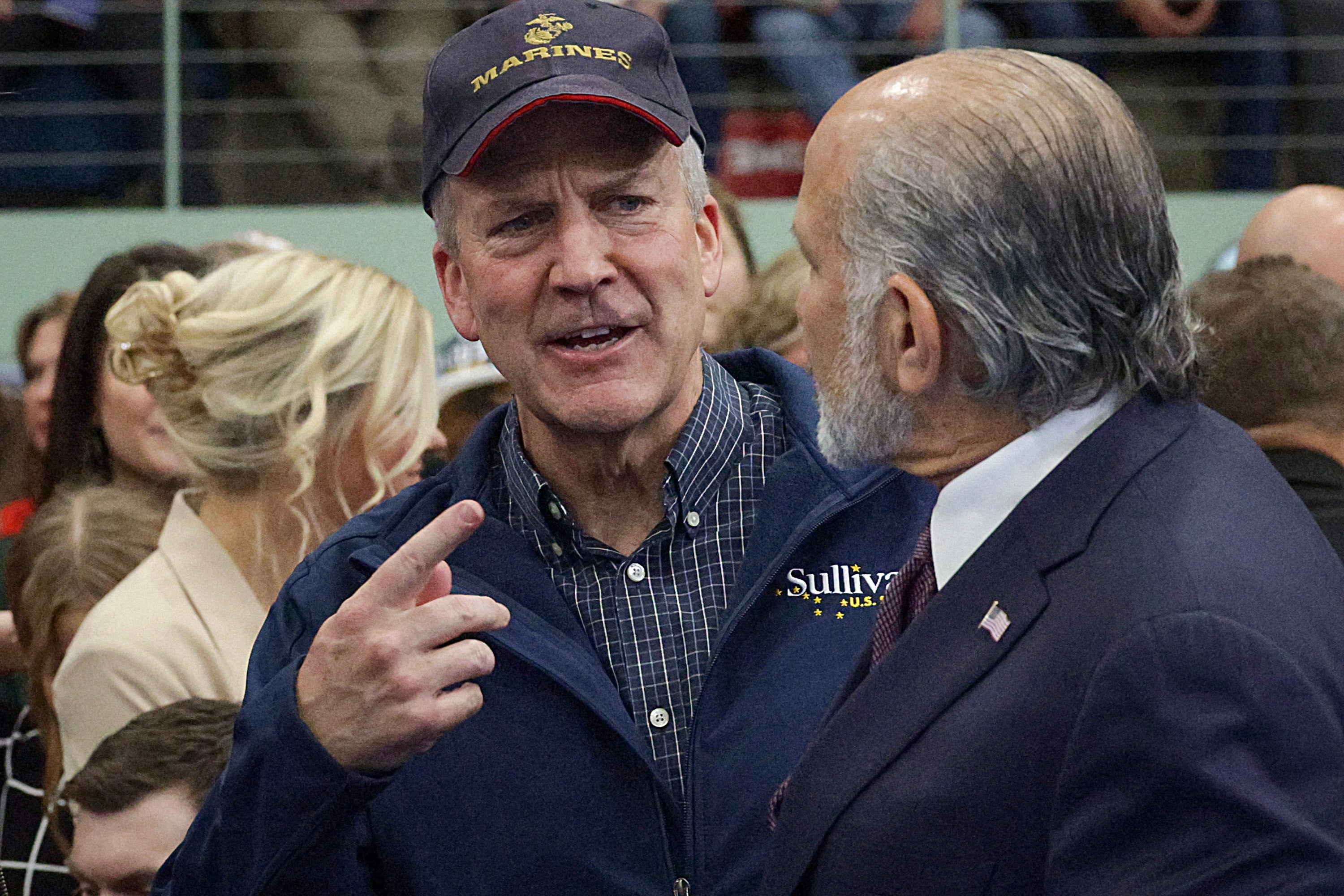 Sen. Dan Sullivan speaks with Secretary of Commerce Howard Lutnick during a campaign rally with Trump on October 13, 2026 in Wasilla, Alaska