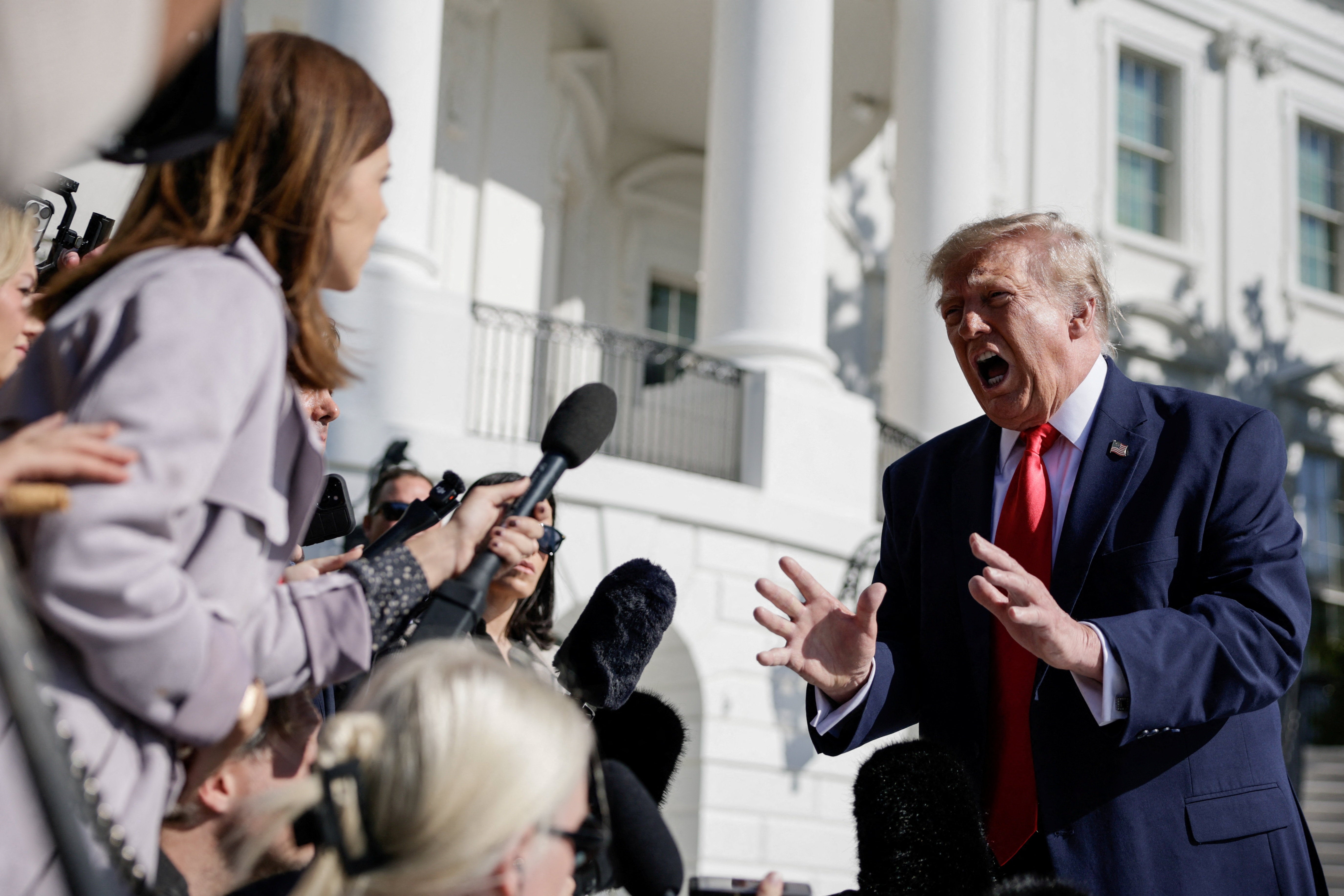President Donald Trump lashes out yet another reporter before boarding Marine One Friday after she asked why he would support Vivek Ramswamy’s widely eviled attack ad