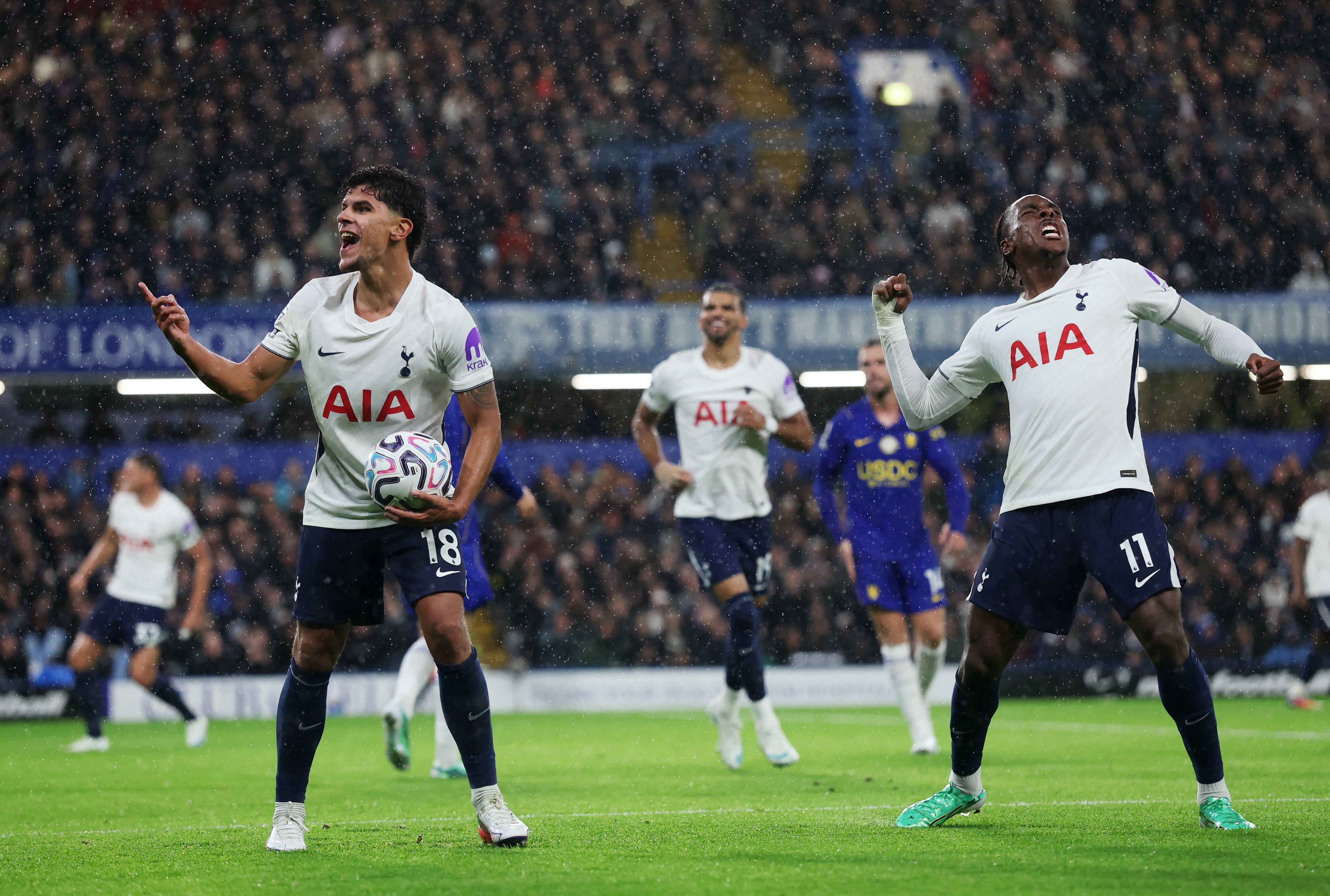 Mateus Fernandes and Mathys Tel celebrate after Tottenham's second goal