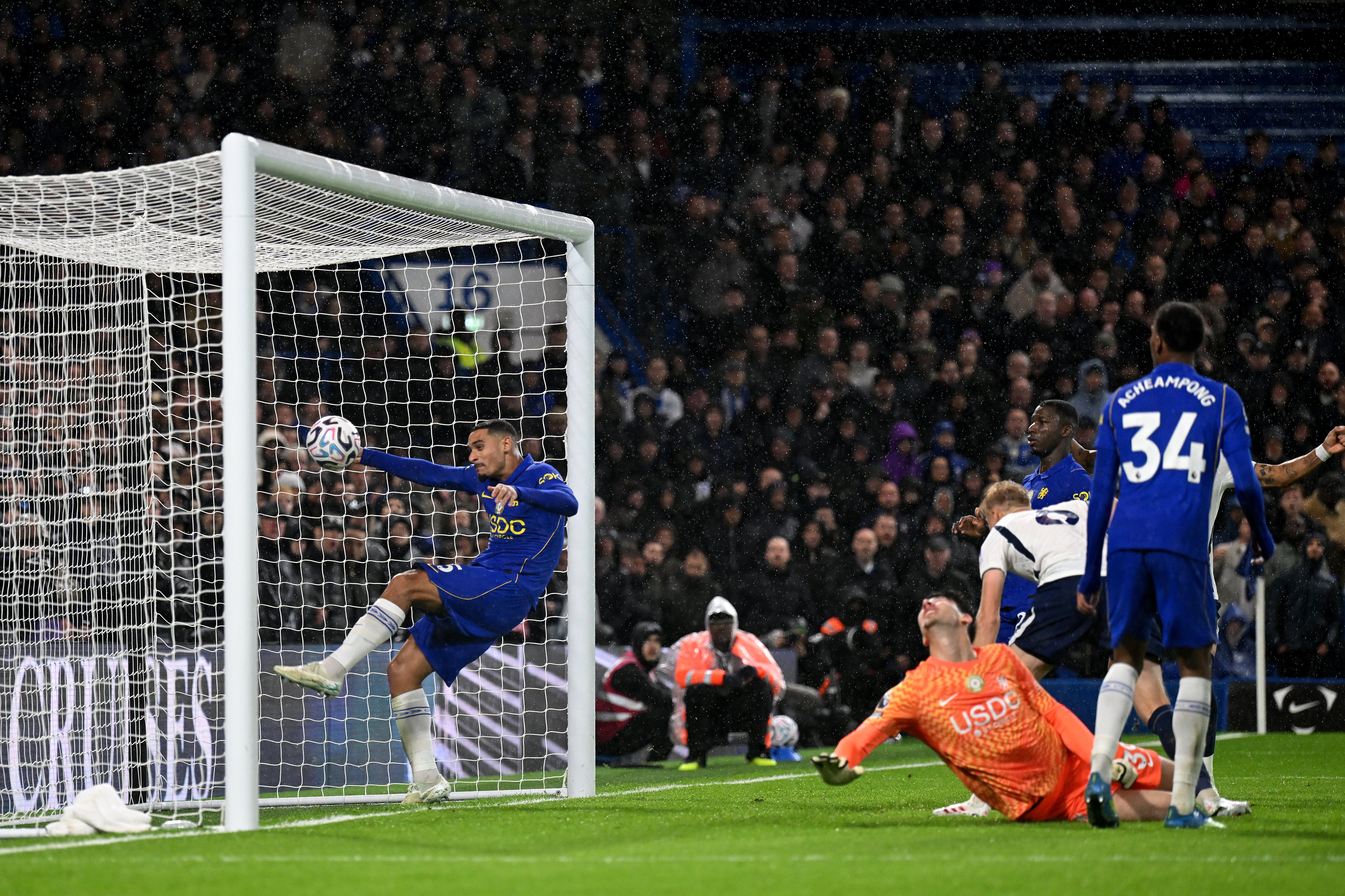 Mike Penders spills the ball into his own goal from a Tottenham corner