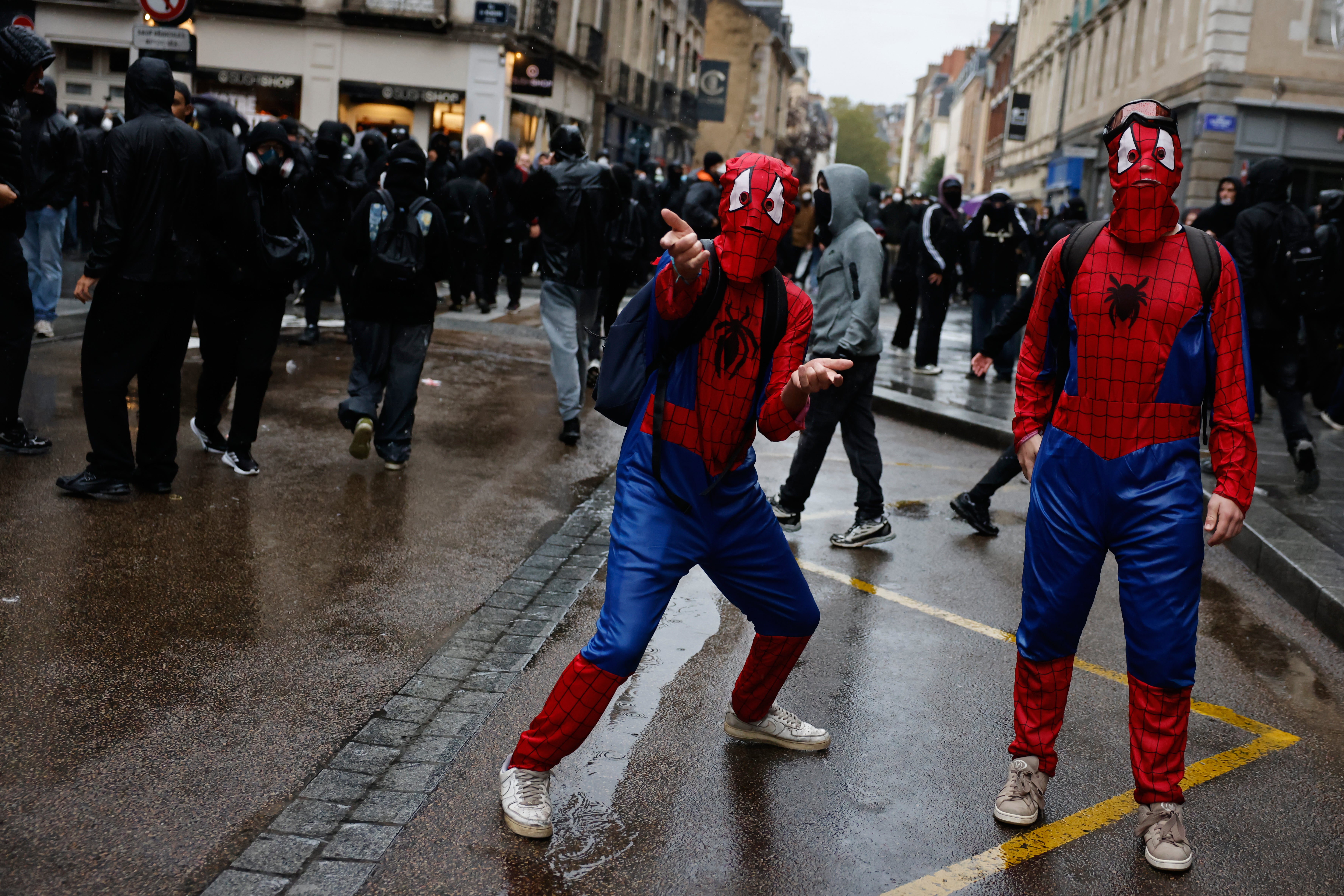 Protesters dressed as Spider-Man attend a demonstration against rising living costs in Rennes, France, Saturday, 24 October 2026