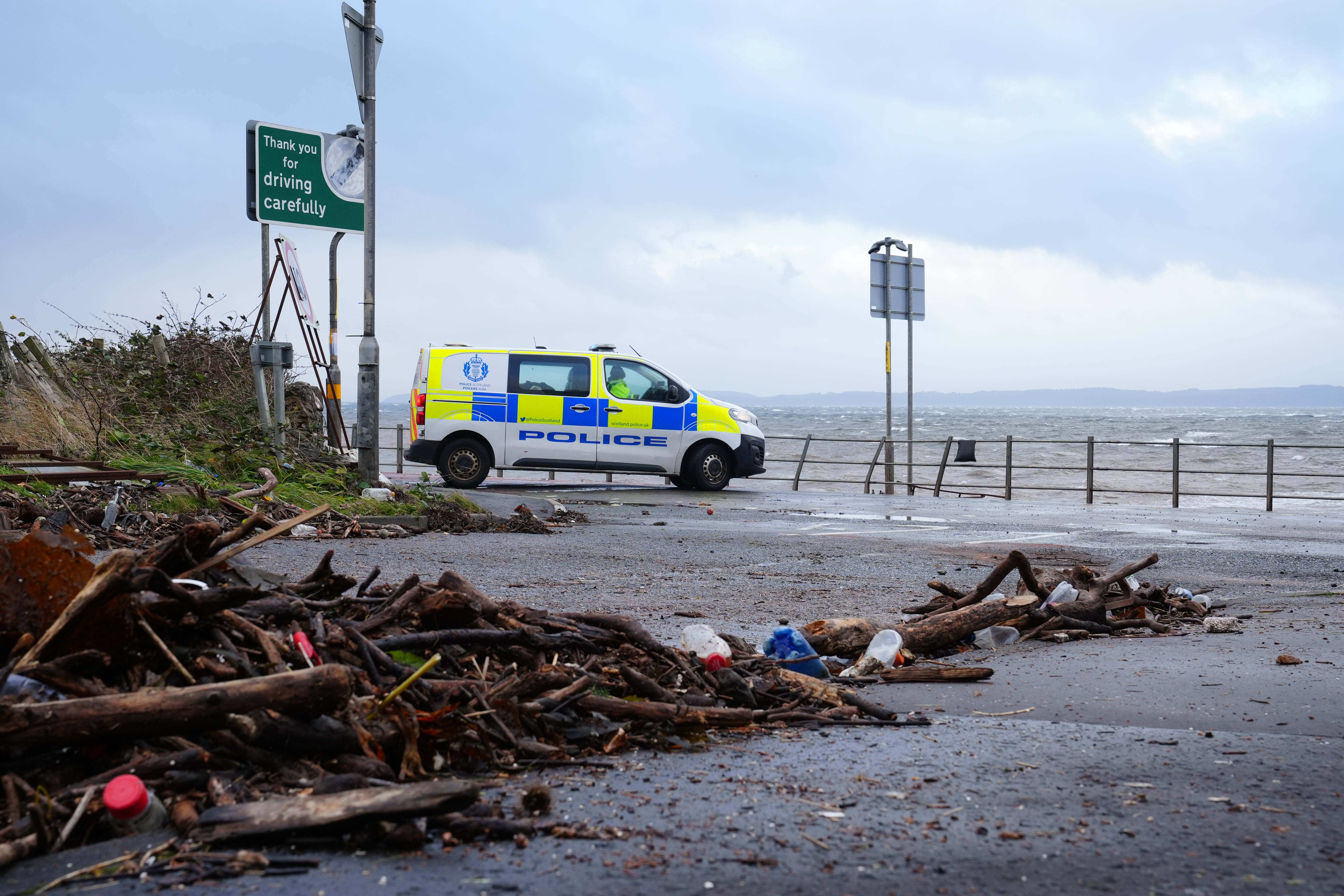 Police road closure on the A78 near Skelmorlie after Storm Boelo passed through the area