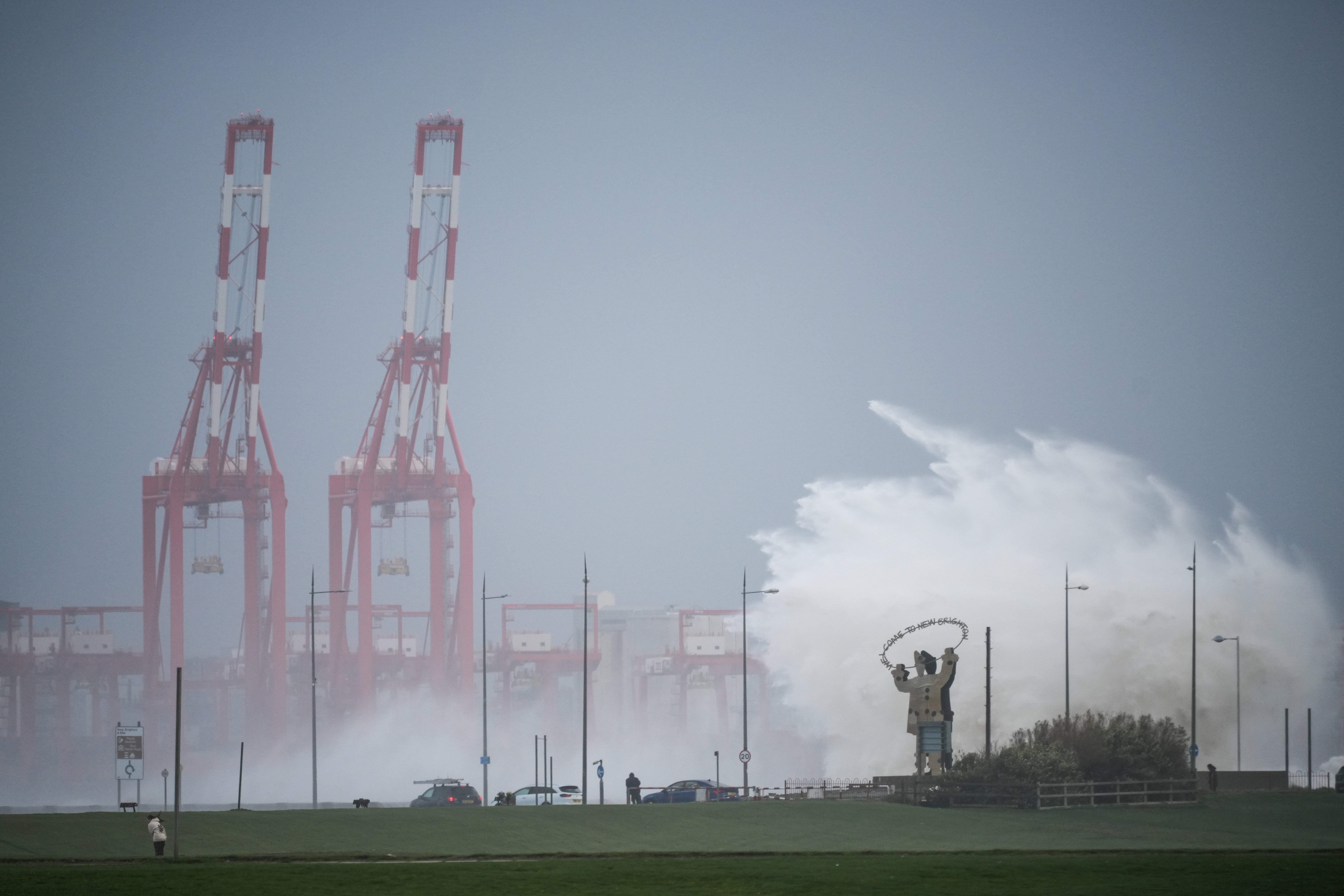 Waves created by the high winds of Storm Boelo hit the sea wall at New Brighton