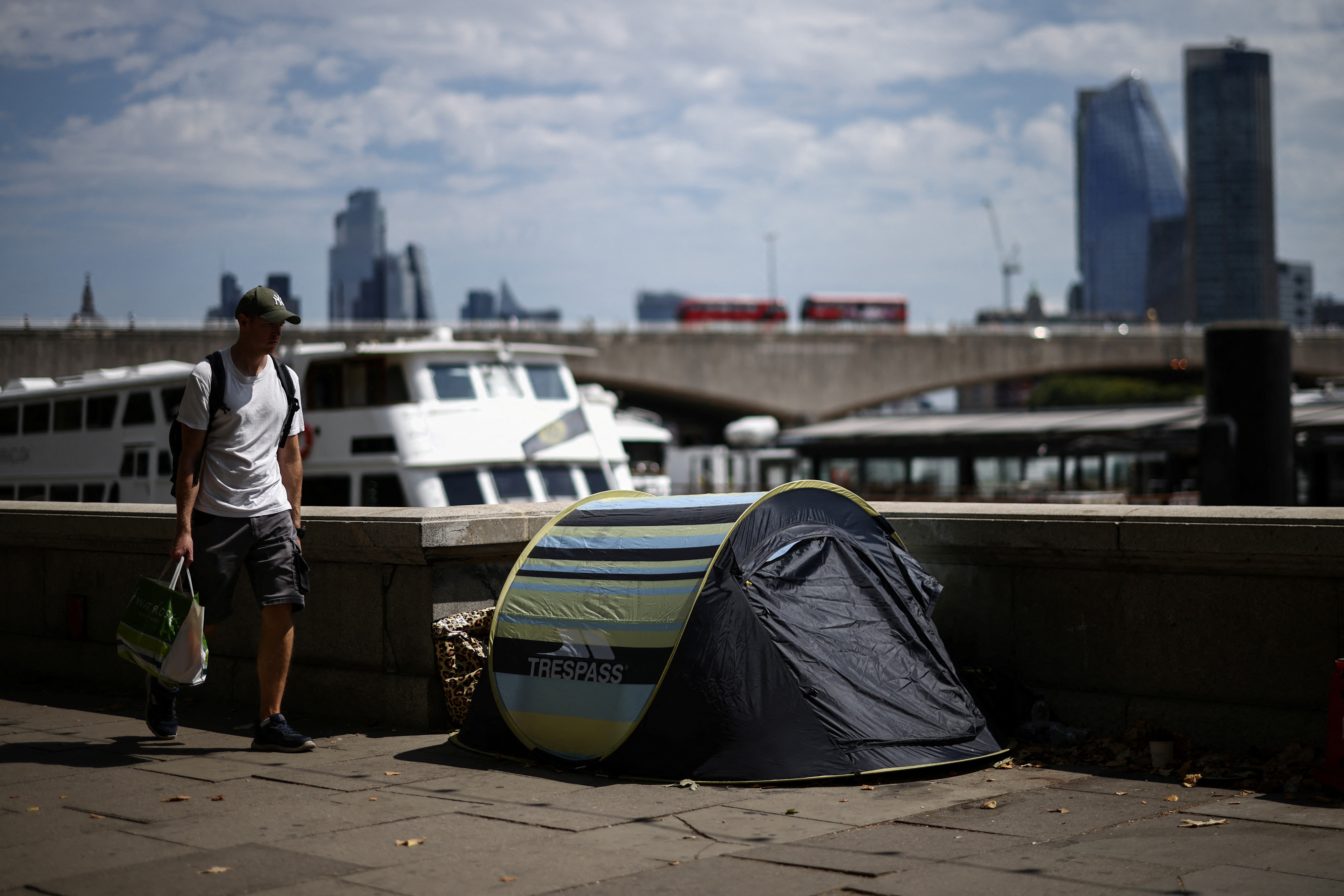 A rough sleeper’s tent on the banks of the River Thames