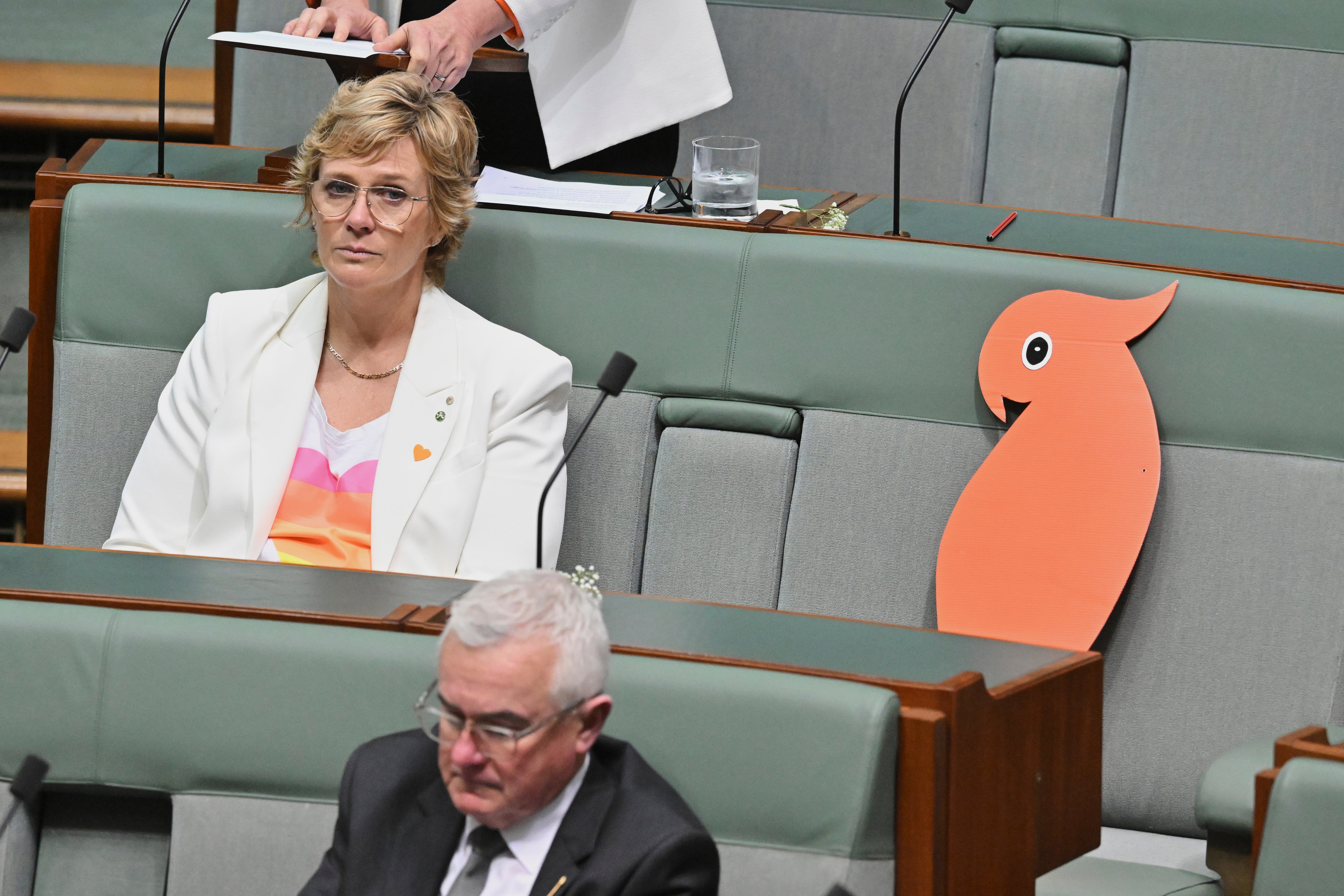 Independent member of parliament Zali Steggall sits next to a cutout cockatoo during a tribute to colleague Helen Haines, who was critically injured on Oct. 19 by a driver who struck her with a vehicle, at Parliament House in Canberra, Australia, Monday
