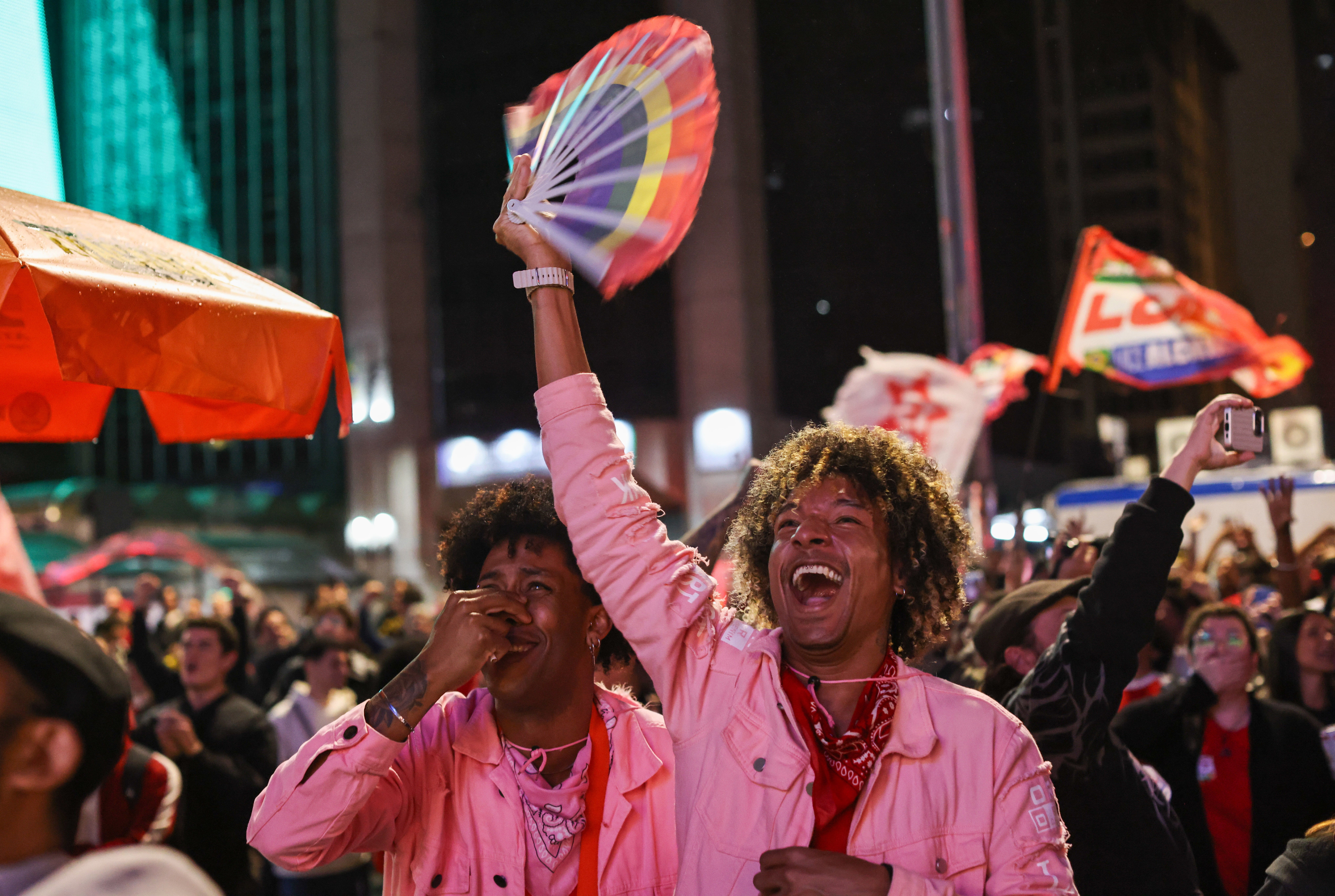 Supporters of Presidential candidate and incumbent president Luiz Inacio Lula da Silva of Brazil celebrate after the results on general election day on October 25, 2026 in Sao Paulo, Brazil