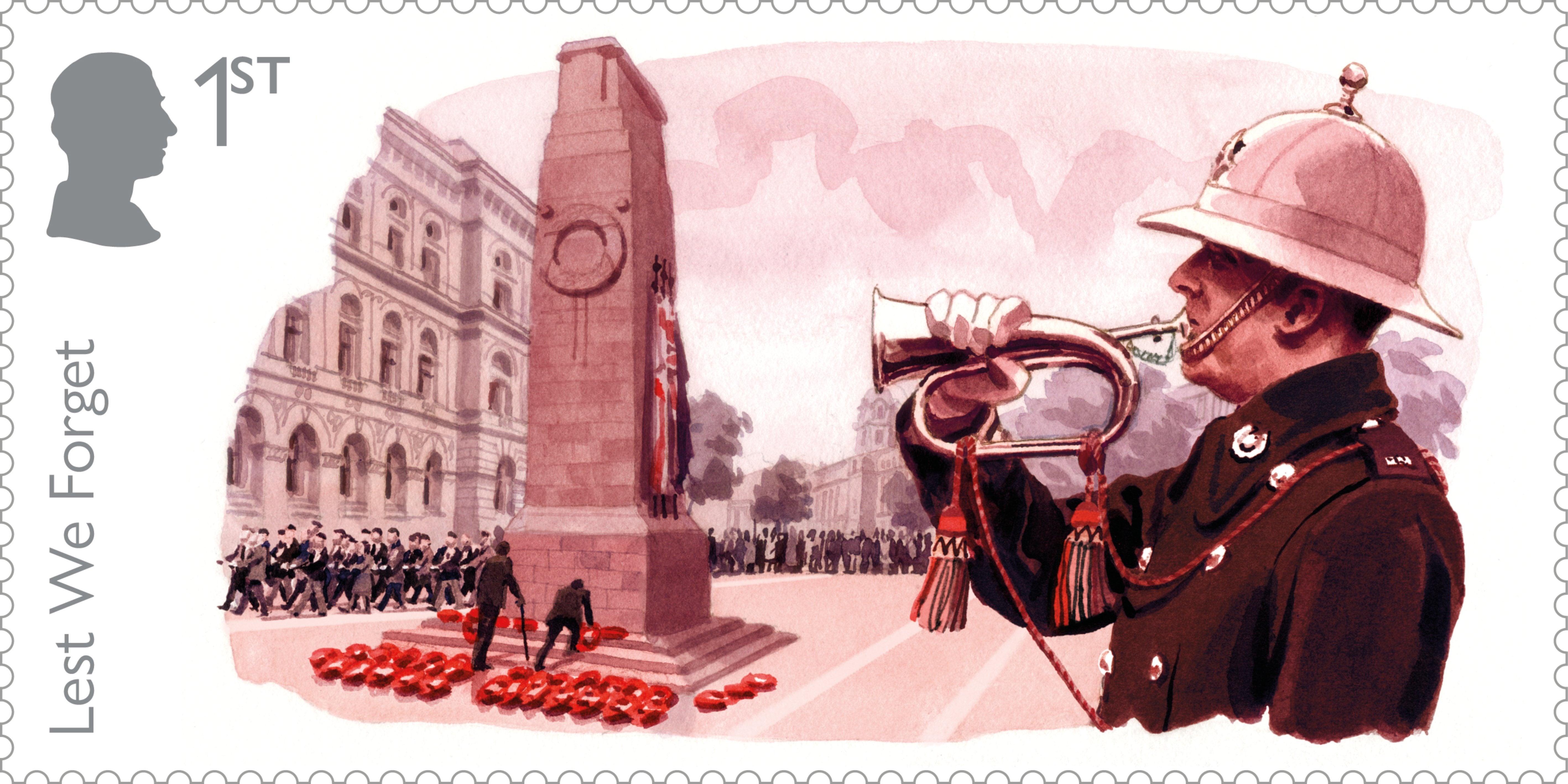 One stamp depicts a Royal Marines bugler at the Cenotaph