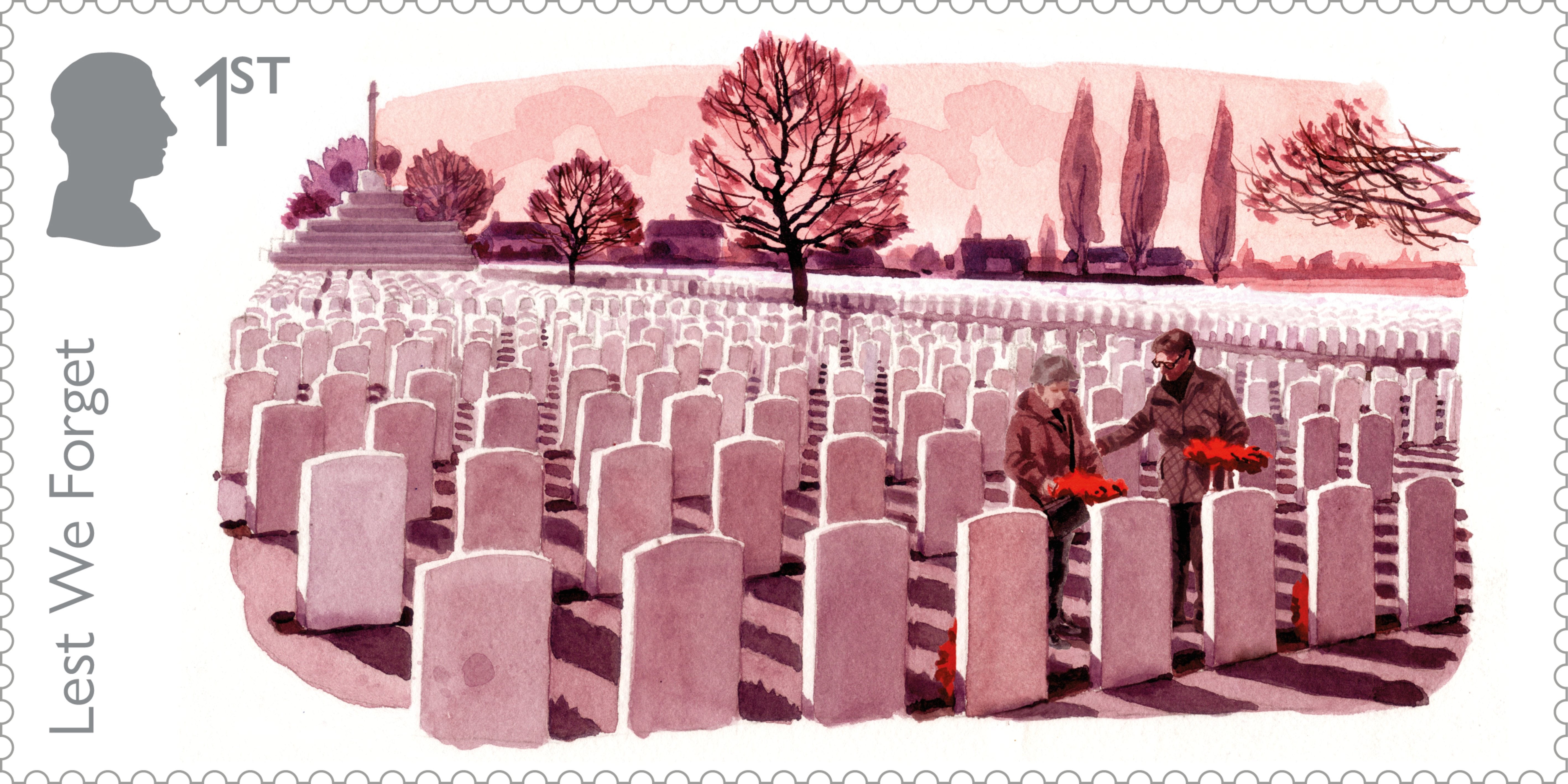 A stamp featuring people laying wreaths at Tyne Cot Cemetery, near Passchendaele