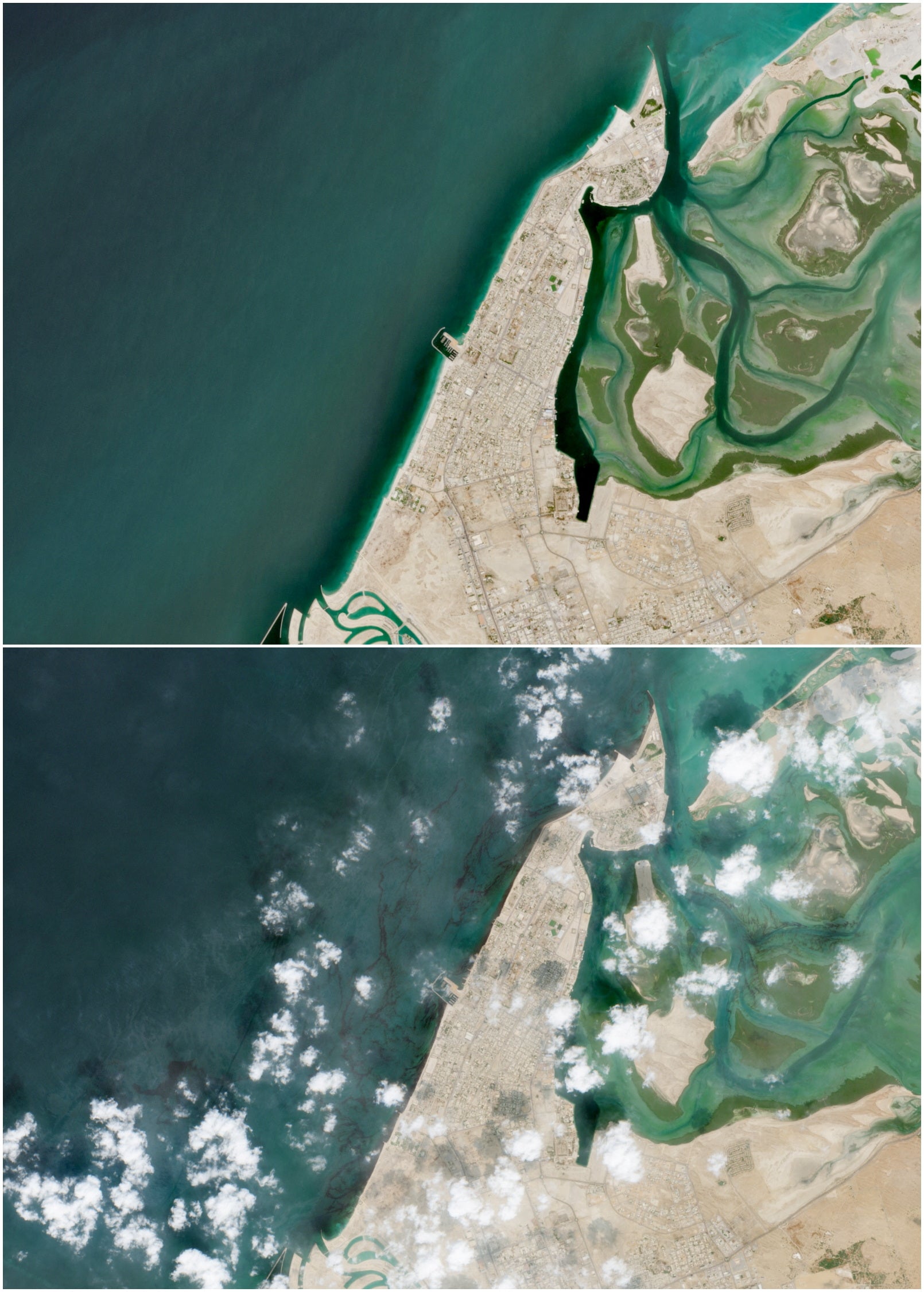 Before and after the tanker started spilling oil into the sea