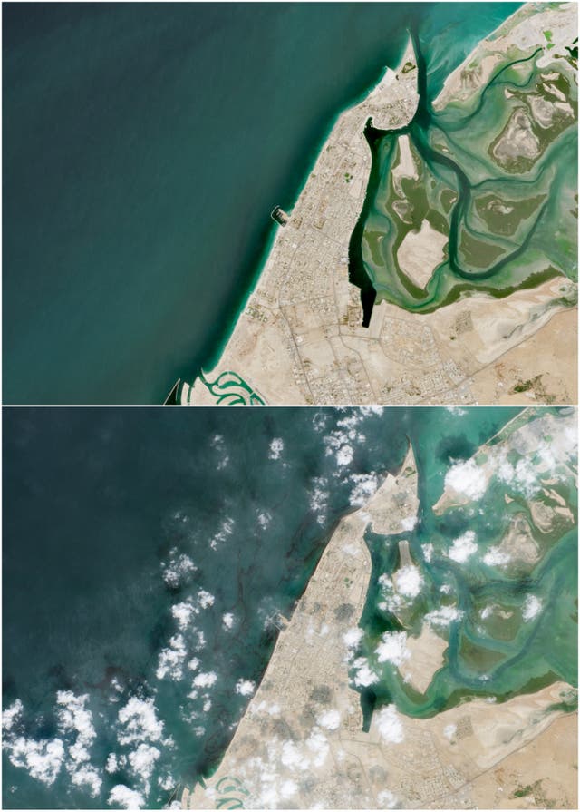 Before and after the tanker started spilling oil into the sea
