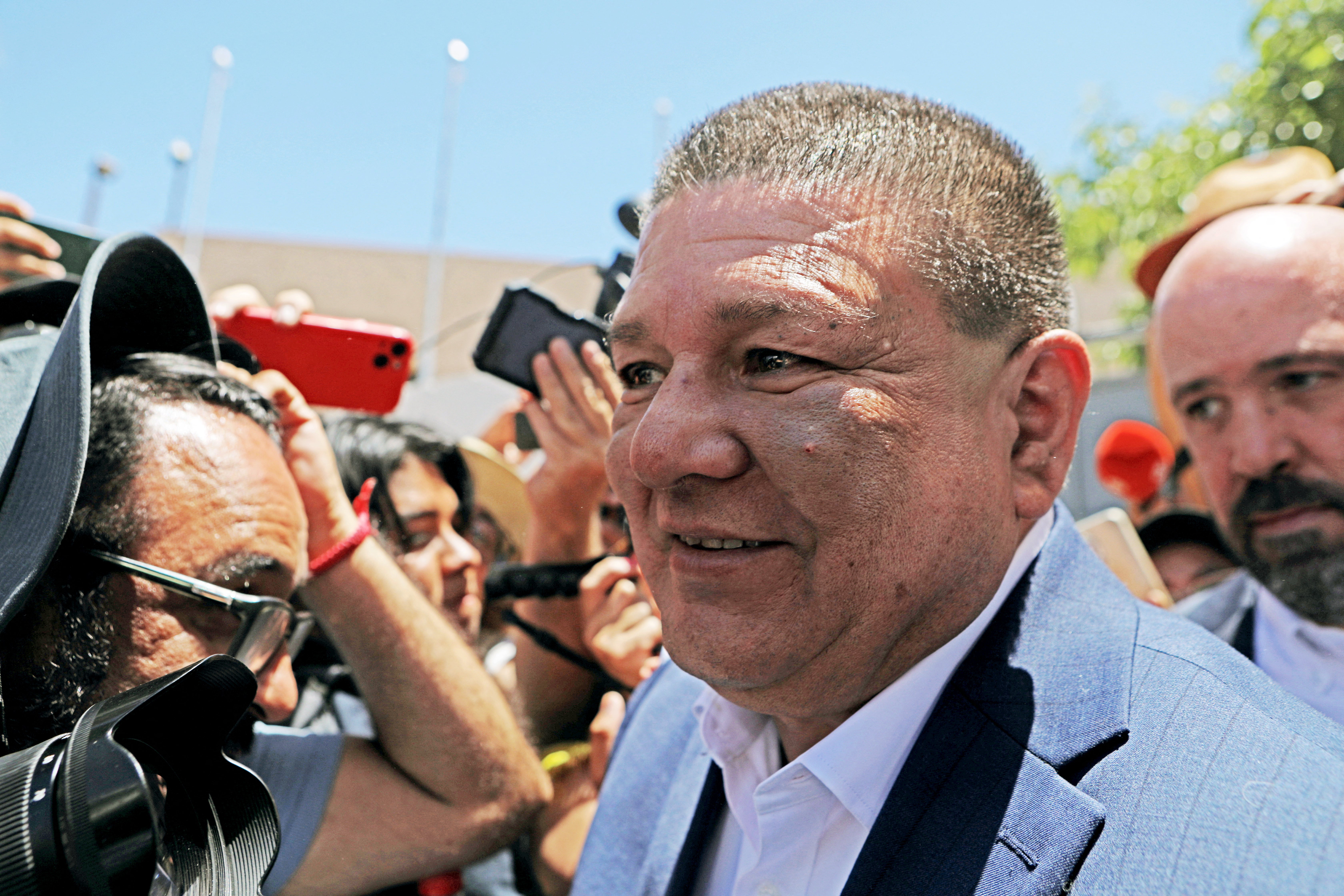 Former Chihuahua Prosecutor Cesar Jauregui is pictured during a rally in support of the Governor of Chihuahua, Maru Campos, outside the Attorney General's Office (FGR) in Ciudad Juarez