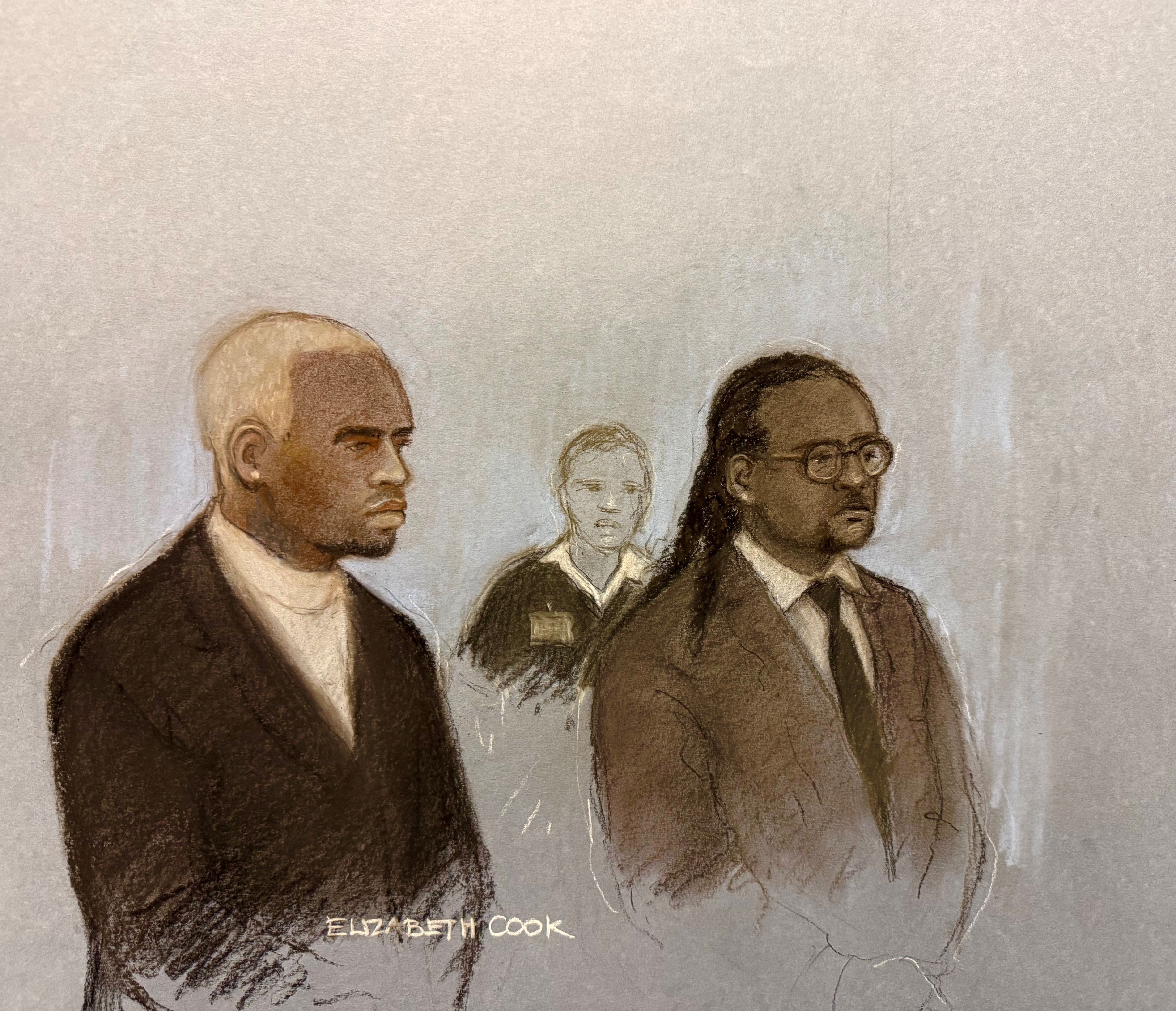 A court artist sketch of Chris Brown appearing in the dock alongside Omololu Akinlolu (right) at Southwark Crown Court (Elizabeth Cook/PA)