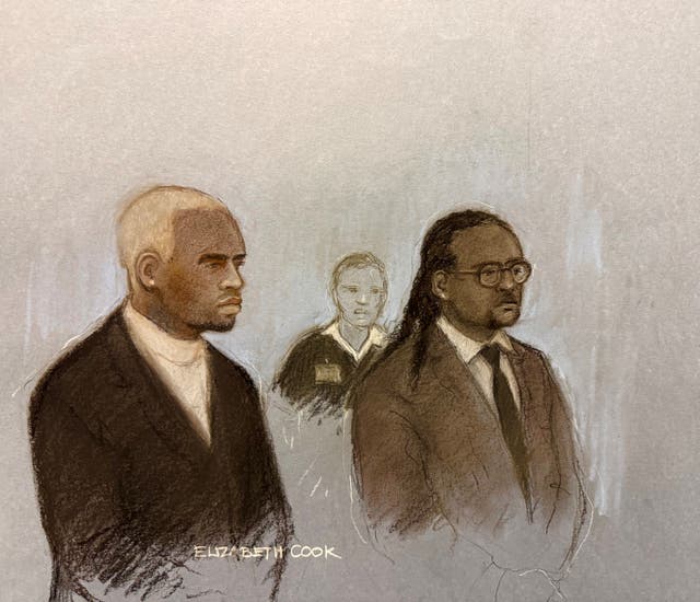 A court artist sketch of Chris Brown appearing in the dock alongside Omololu Akinlolu (right) at Southwark Crown Court (Elizabeth Cook/PA)