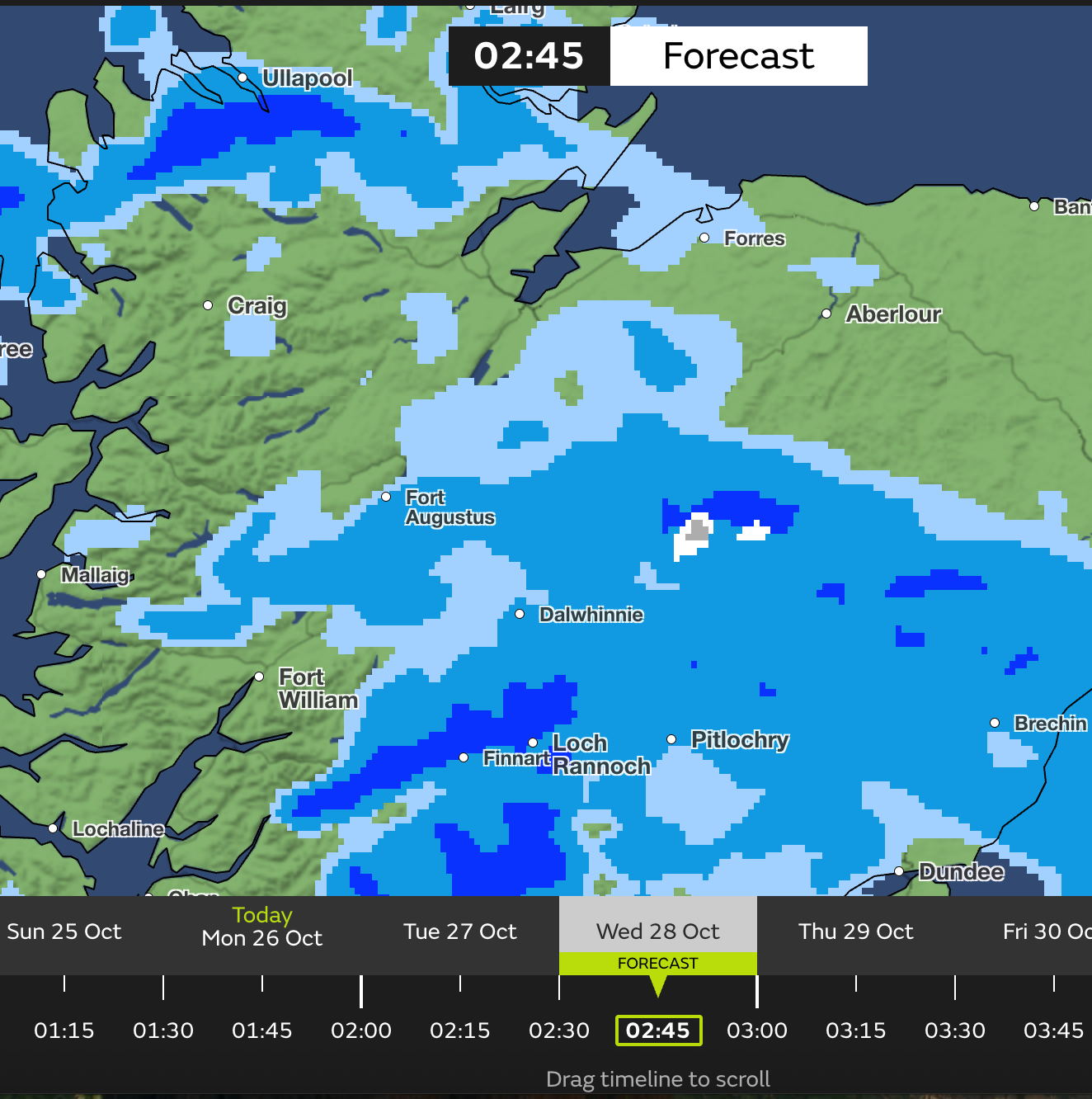 A Met Office weather map shows snow hitting high grounds in parts of Scotland this week