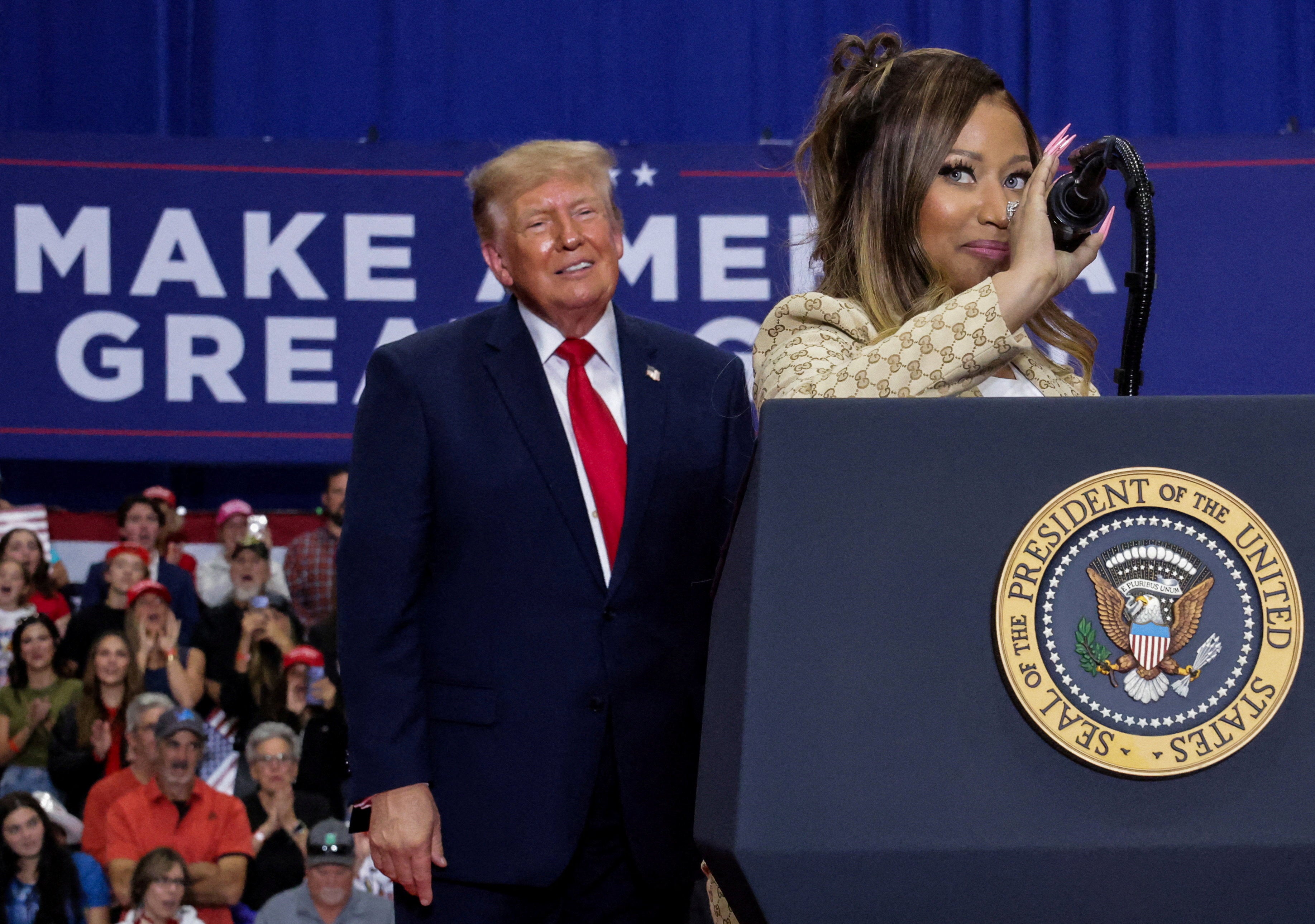 President Donald Trump praised Nicki Minaj’s rear during his rally Sunday in Michigan - as she has frequently supported him and his agenda