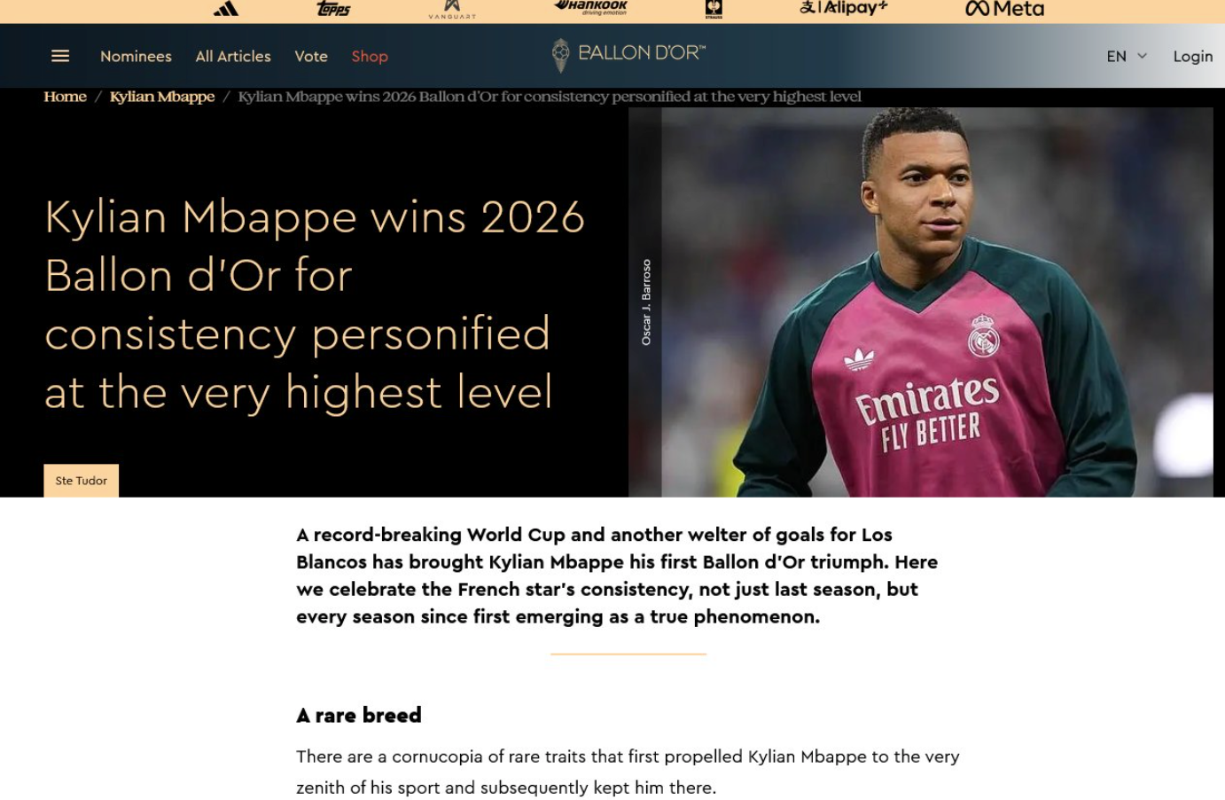 Kylian Mbappe also received an article promoting him as the award winner