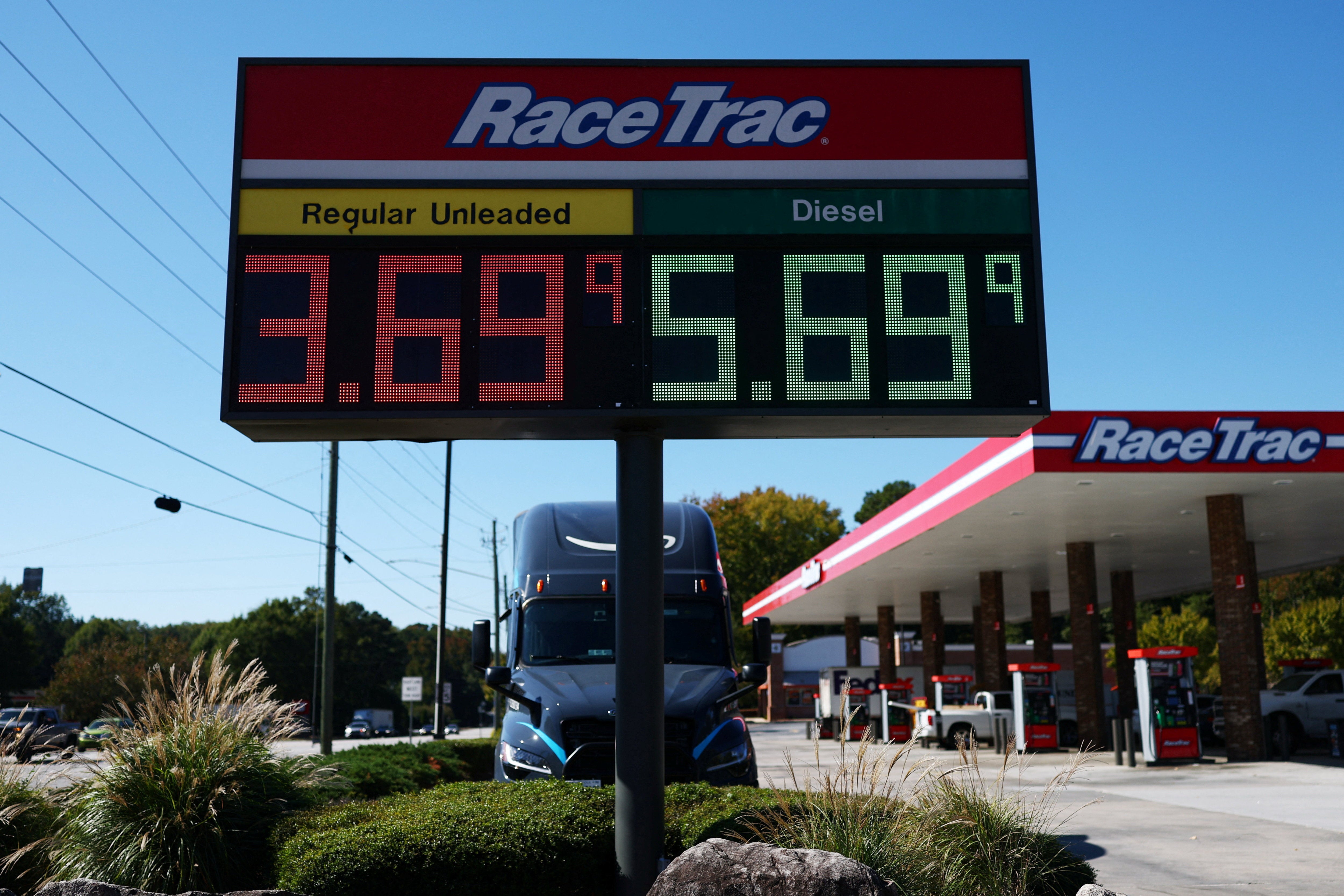 The national average price of gasoline stood at $4.29 a gallon Monday, up from $2.98 two days before the conflict began, according to AAA. Pictured: a gas station in Georgia on October 23