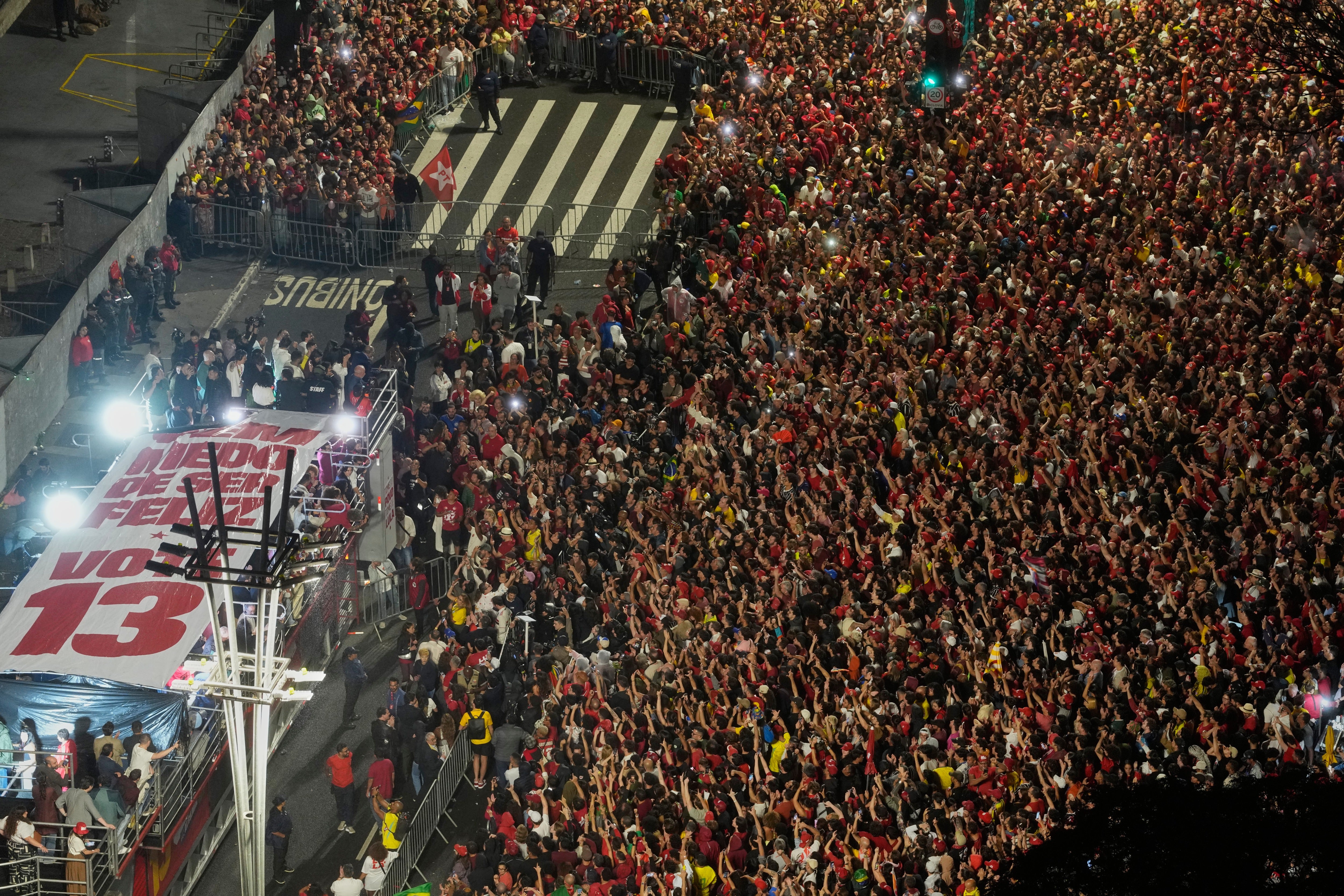 President Luiz Inacio Lula da Silva addresses supporters during a victory rally
