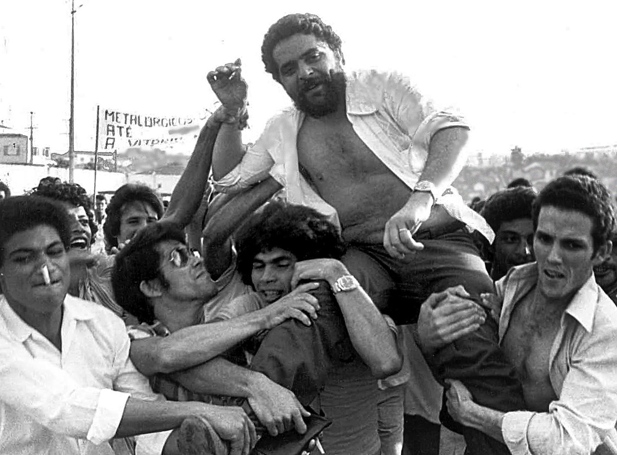 Lula being lifted by metalworker colleagues after a union rally in Sao Bernardo do Campo in 1979