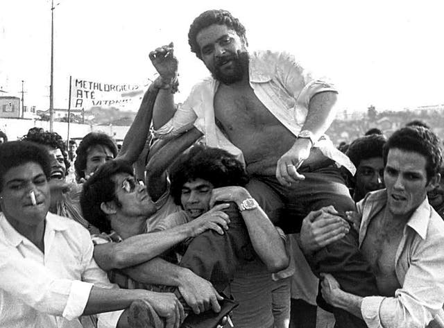 Lula being lifted by metalworker colleagues after a union rally in Sao Bernardo do Campo in 1979