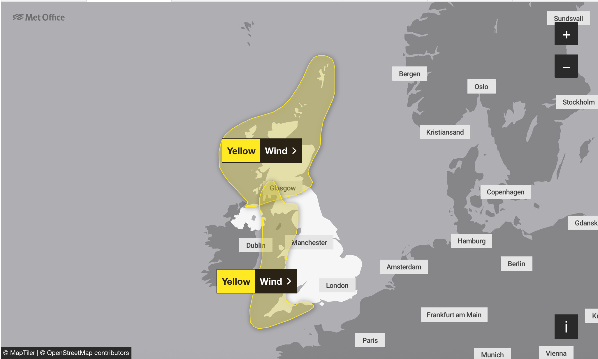 The Met Office has issued a yellow weather warning for today and tomorrow