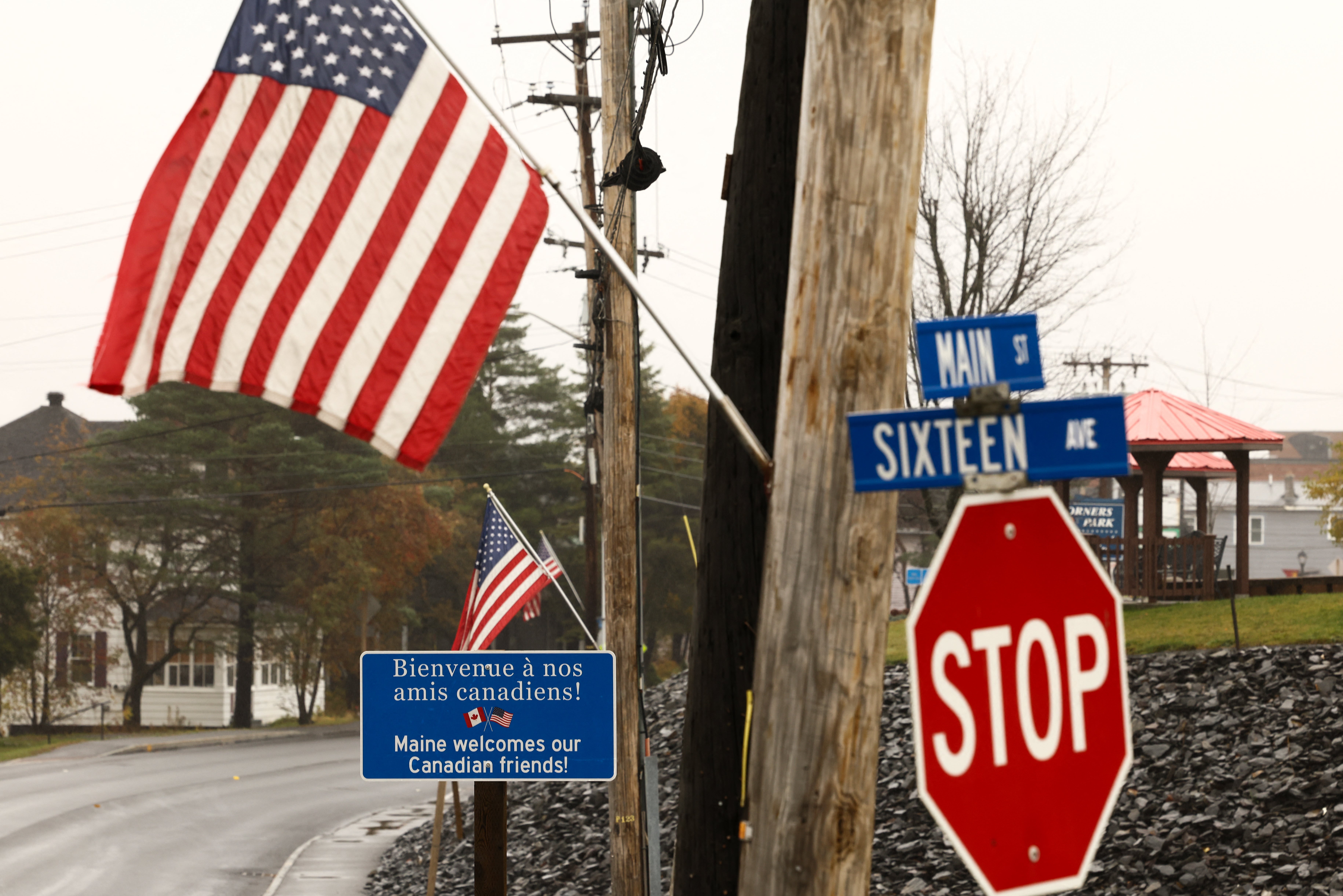 A sign welcoming Canadian people is seen near the US-Canada border in Madawaska, Maine
