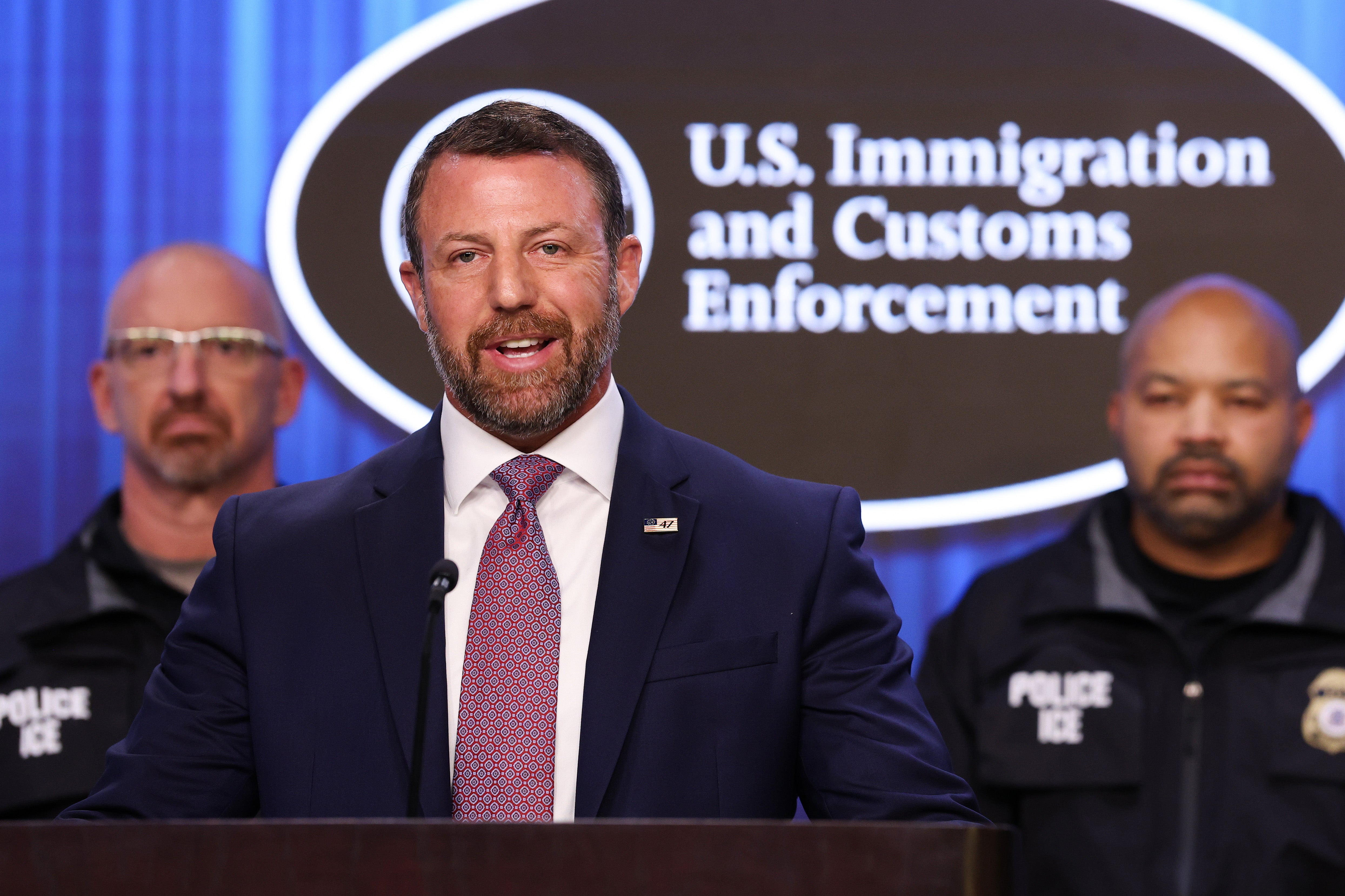 ICE sparked widespread criticism online after using the phrase ‘Fake & Gay’ in response to a news story about a deported man. Pictured: Department of Homeland Security Secretary Markwayne Mullin delivers remarks to the press