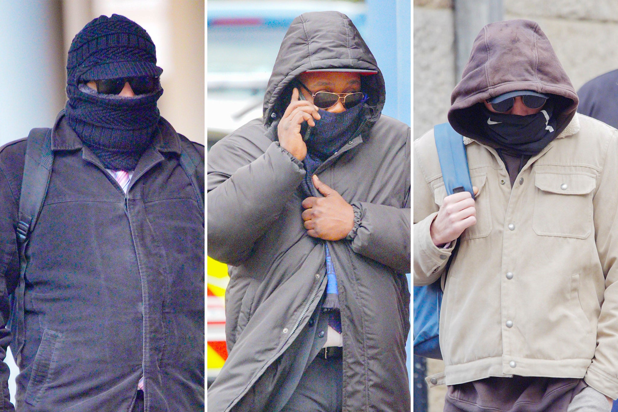 Mohammed Hassan, Norman Macksoni and Connor Sanderson-Doyle arrive at Winchester Crown Court on Tuesday
