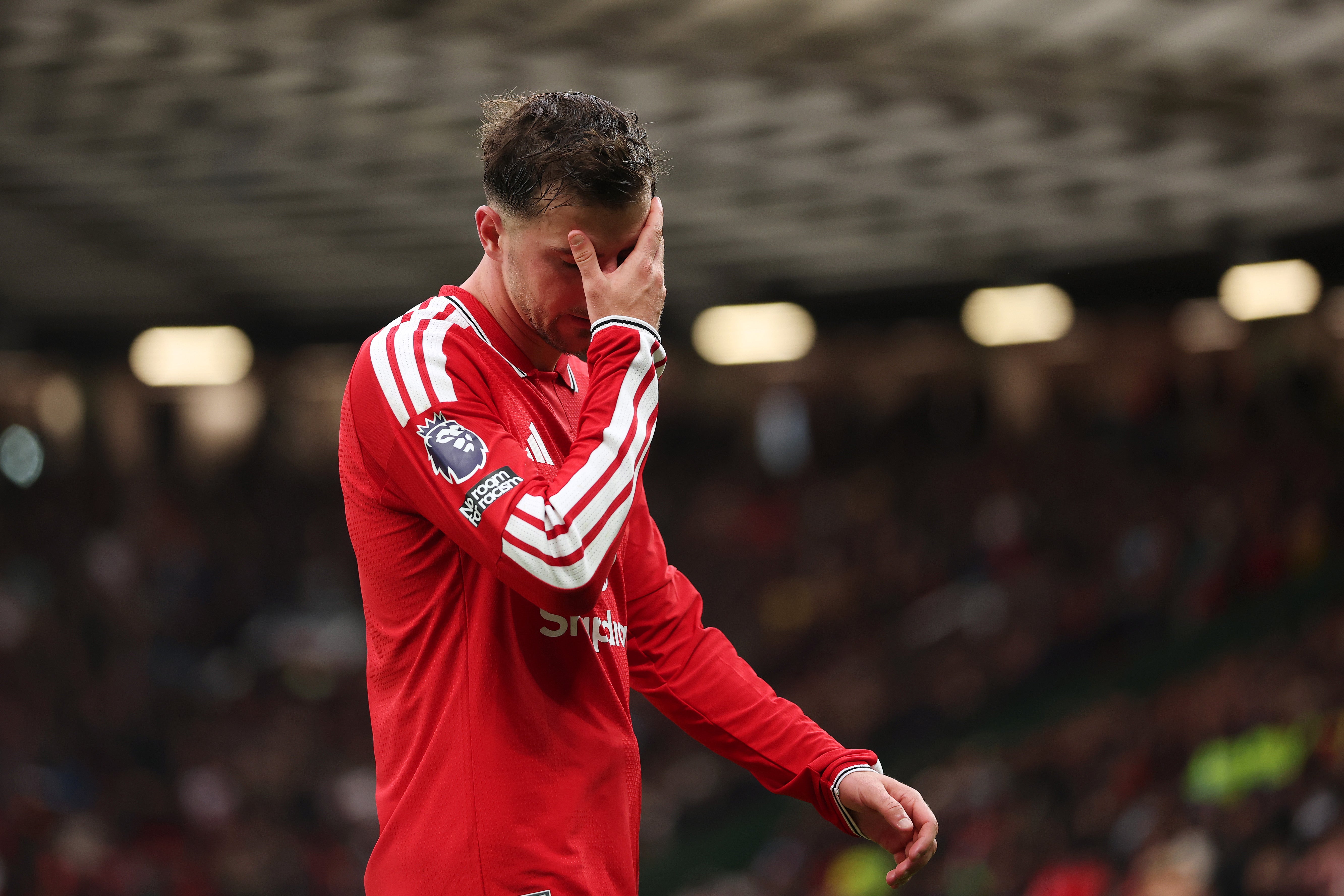 <p>Mason Mount of Manchester United shows his dejection after losing 3-0 to Bournemouth</p>