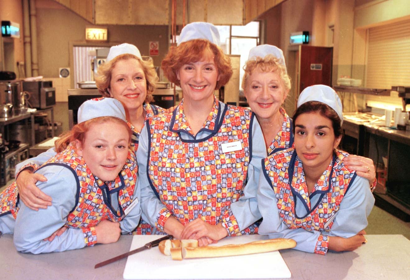 Maxine Peake as Twinkle, Anne Reid as Jean, Victoria Wood as Bren, Thelma Barlow as Dolly and Shobna Gulati as Anita from 'Dinnerladies'